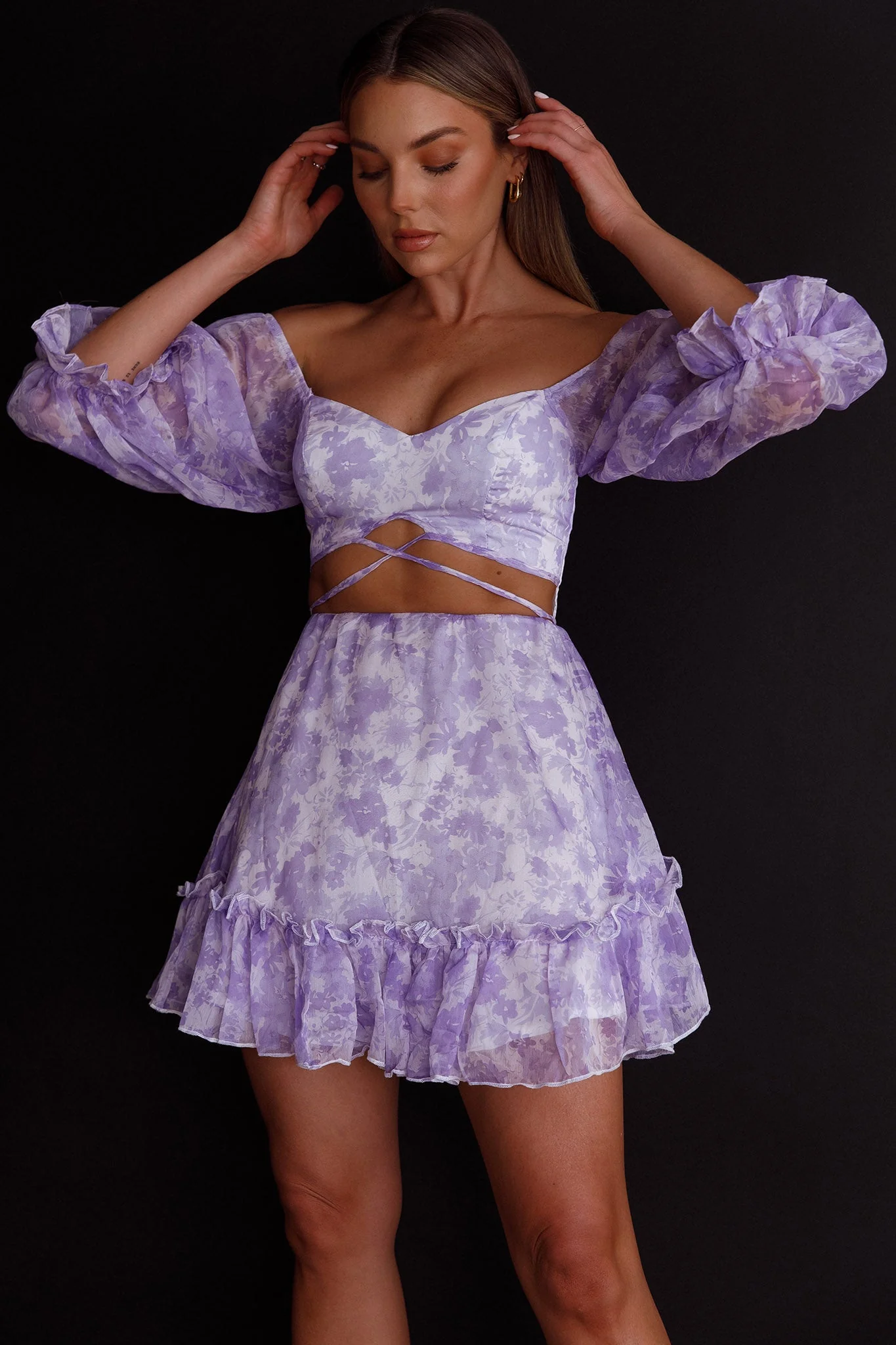 Alethea Puff Sleeve Cut-Out Waist Dress Floral Print Lilac - Image 6