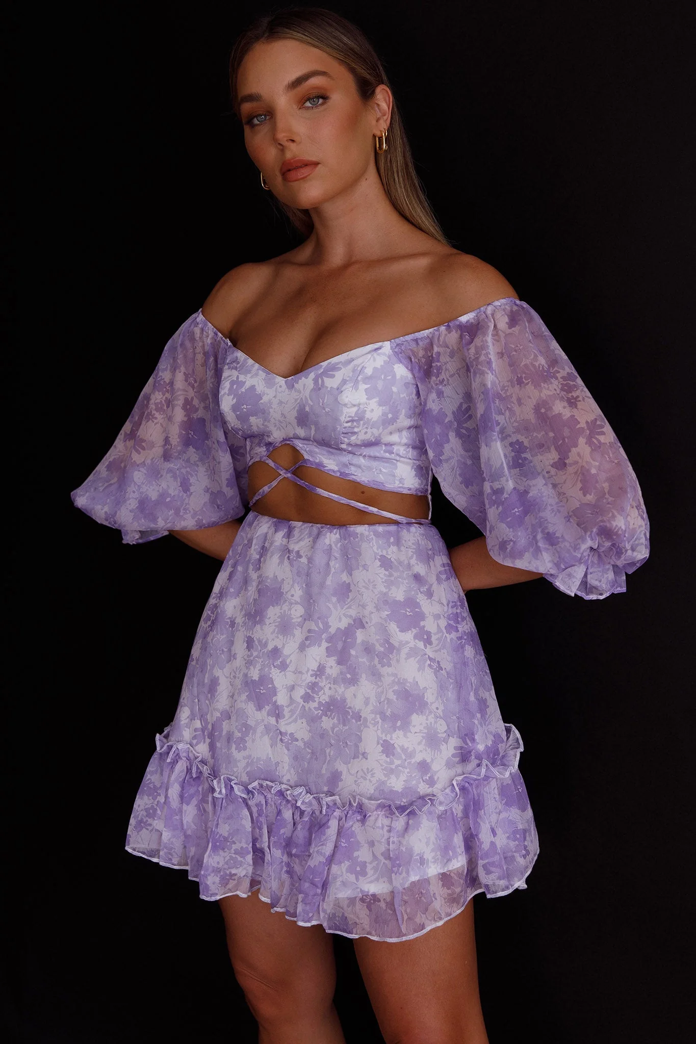 Alethea Puff Sleeve Cut-Out Waist Dress Floral Print Lilac - Image 8