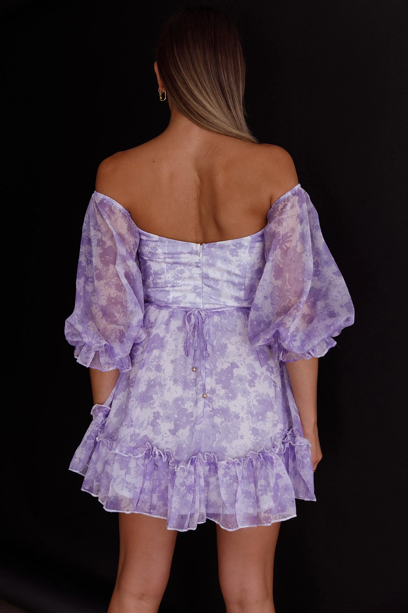 Alethea Puff Sleeve Cut-Out Waist Dress Floral Print Lilac - Image 9