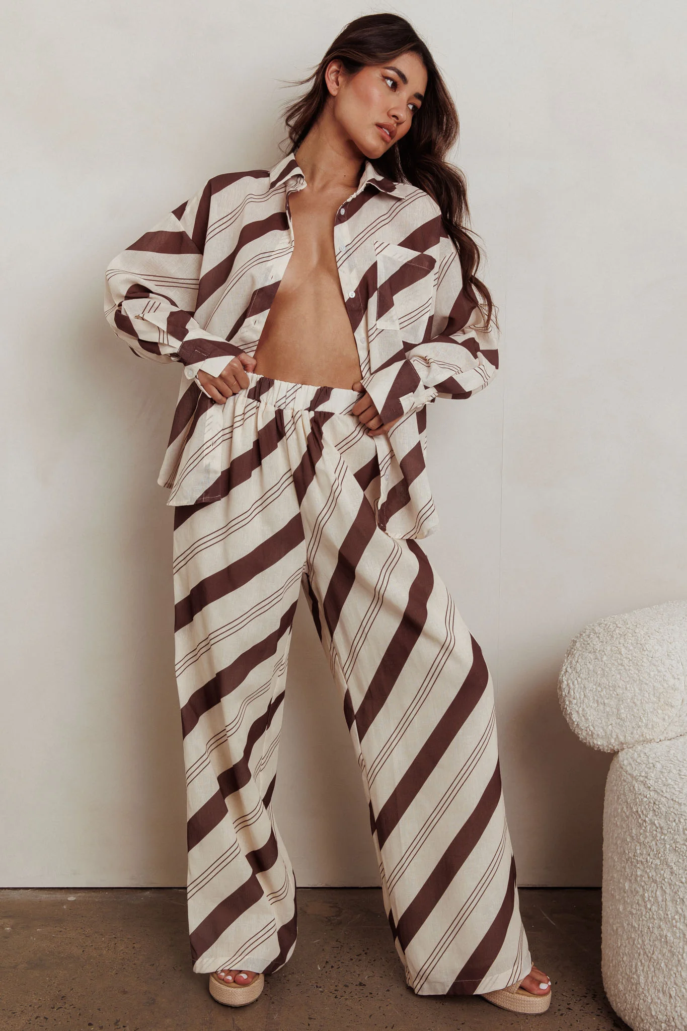 Alex Elastic Waist Striped Print Pant Cream/Cacao - Image 2