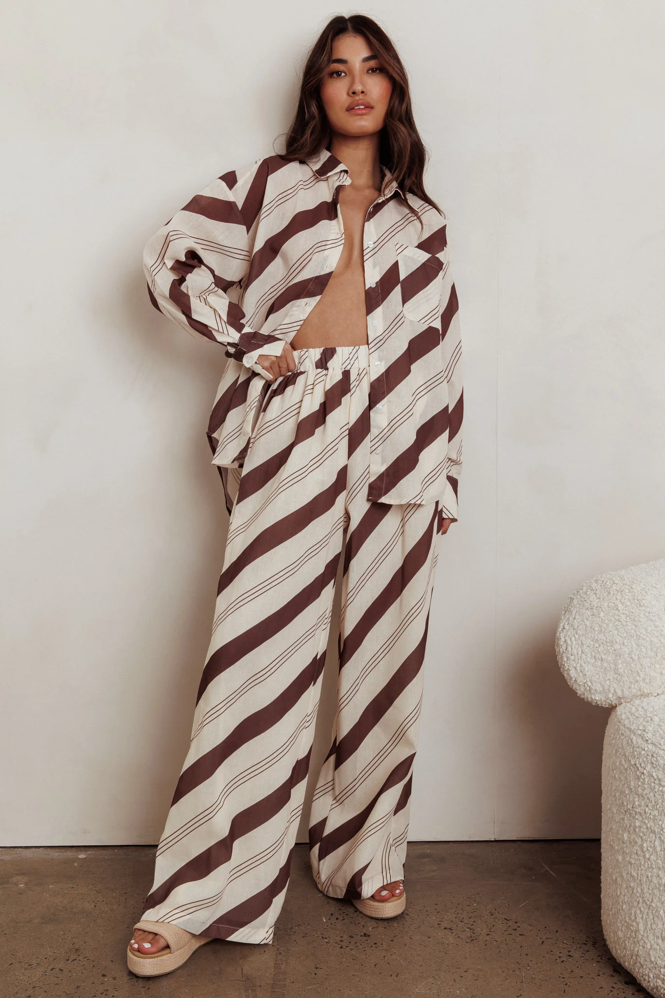 Alex Elastic Waist Striped Print Pant Cream/Cacao - Image 4