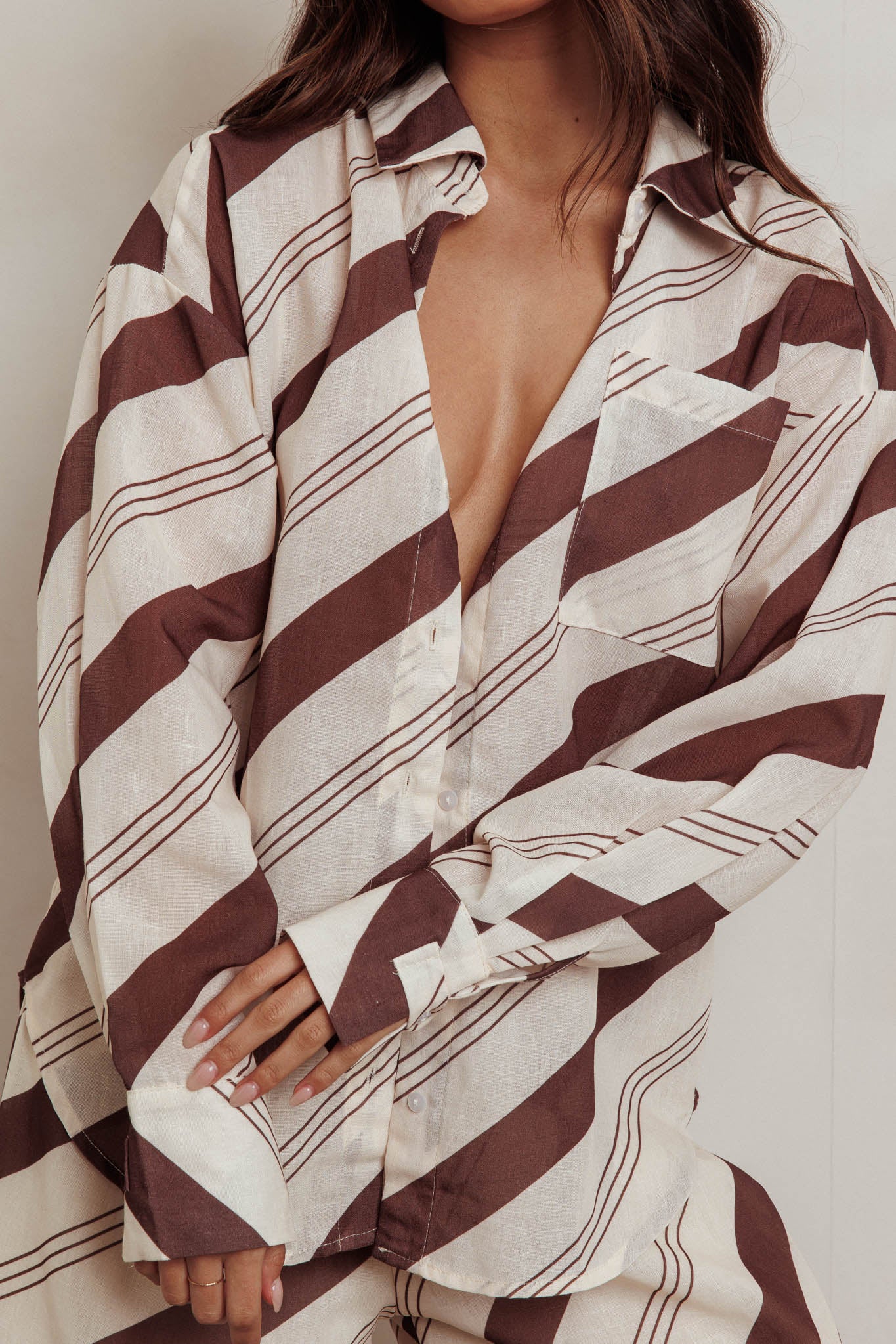 Alex Long Sleeve Striped Print Shirt Cream/Cacao - Image 5