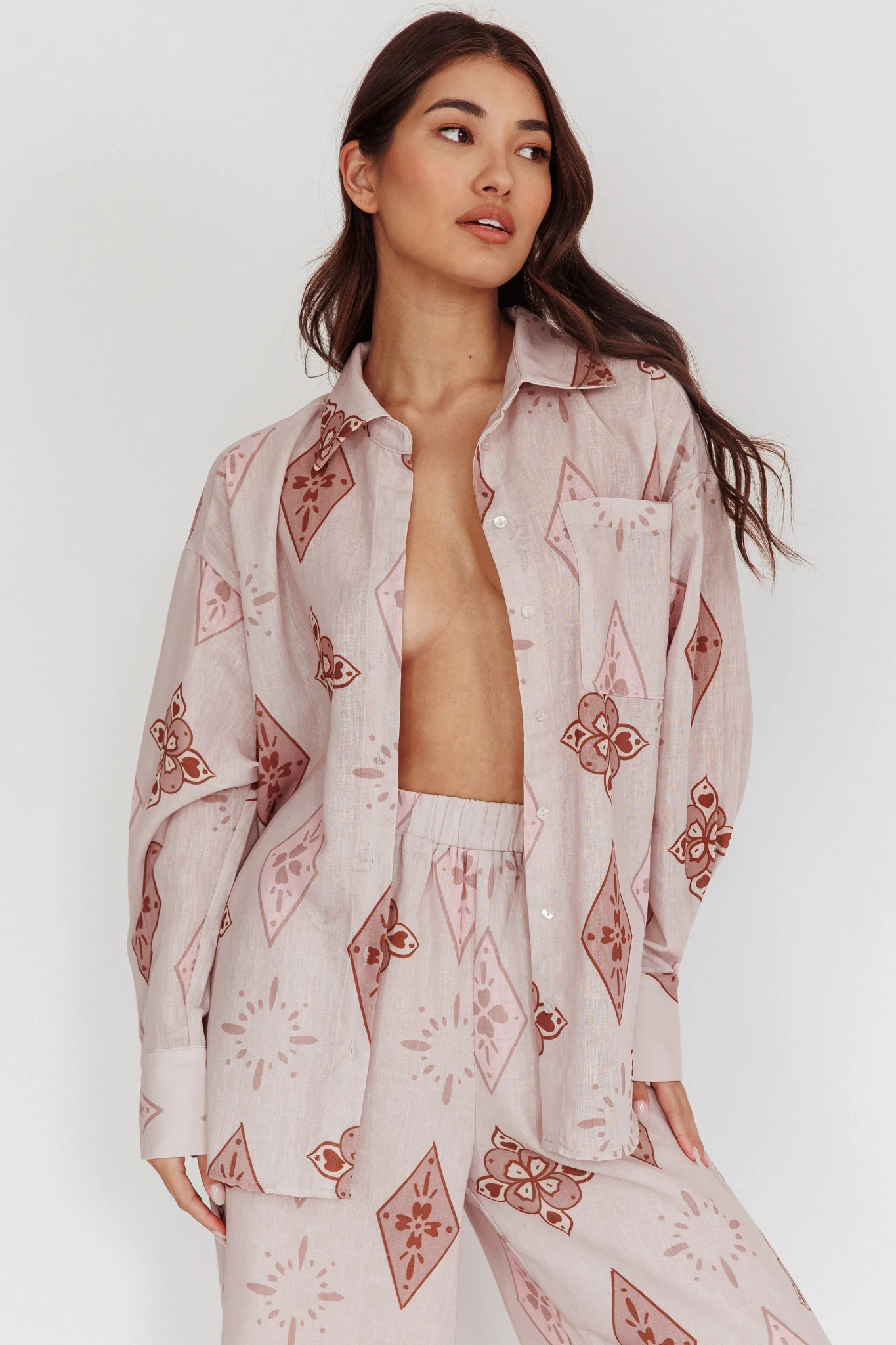 Alex Motif Collared Buttoned Shirt Mocha - Image 6