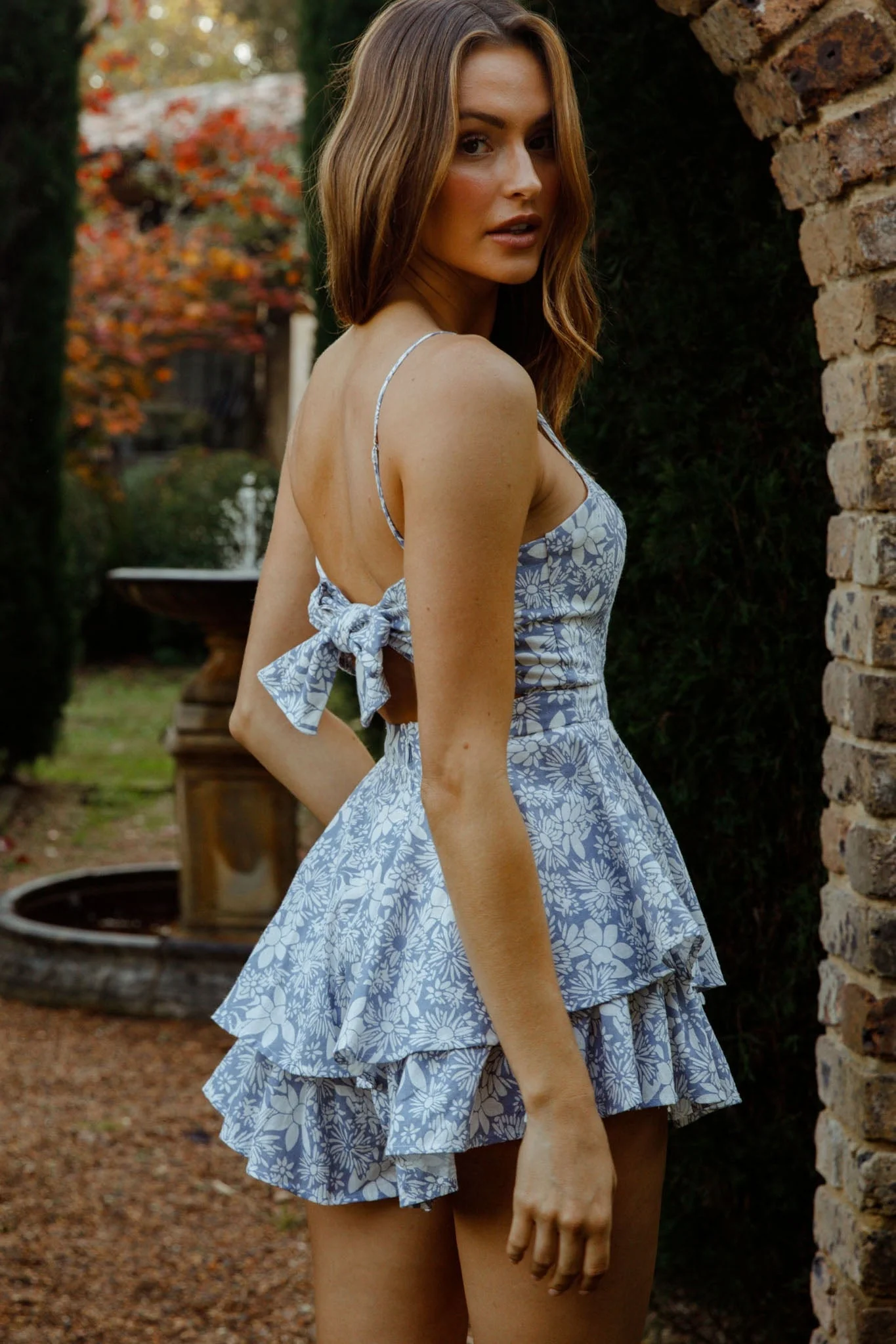 Alexandria Square Neckline Tie Back Romper Floral Steel Blue - Image 3