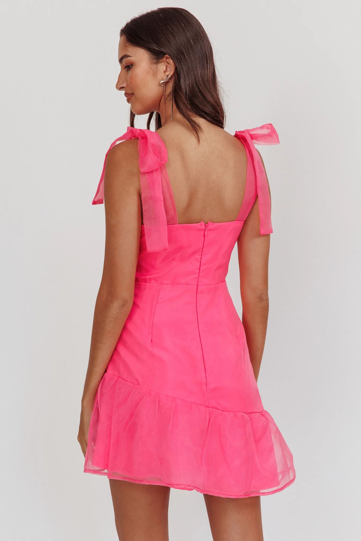 Alexia Bow Shoulder Ruffle Hem Mini Dress Hot Pink - Image 3