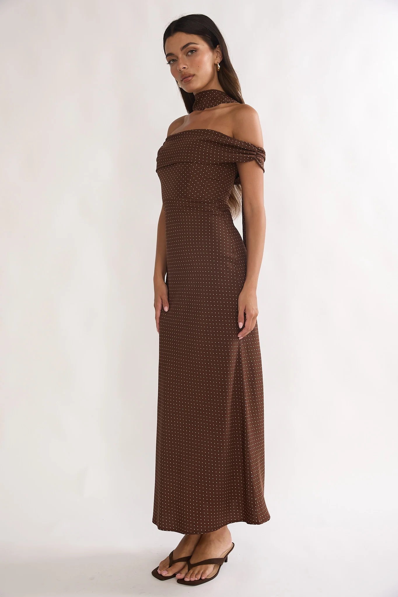 Alissa Off-Shoulder Maxi Dress Polka Dot Chocolate - Image 6