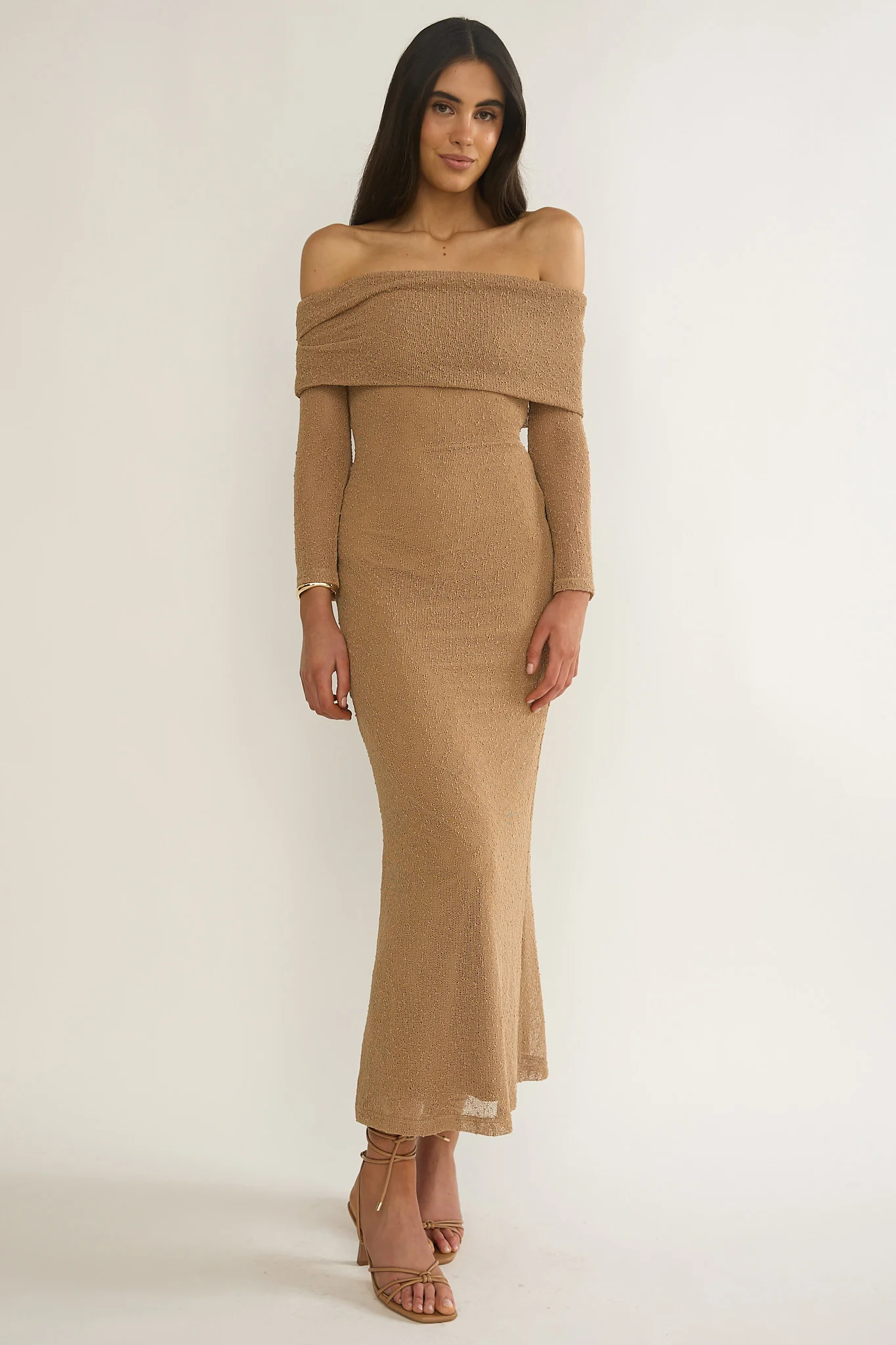 Alivya Off-Shoulder Knit Maxi Dress Mocha - Image 6