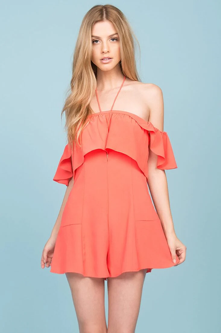 Aliyah Off The Shoulder Ruffle Overlay Romper Coral - Image 2