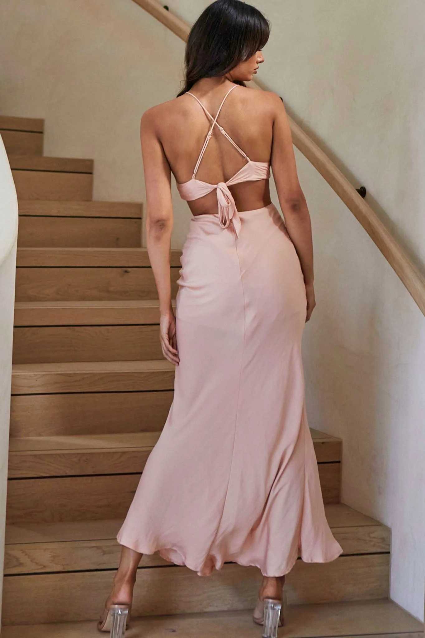 All That Glitters Front Split Tied Back Maxi Dress Desert Rose - Image 3