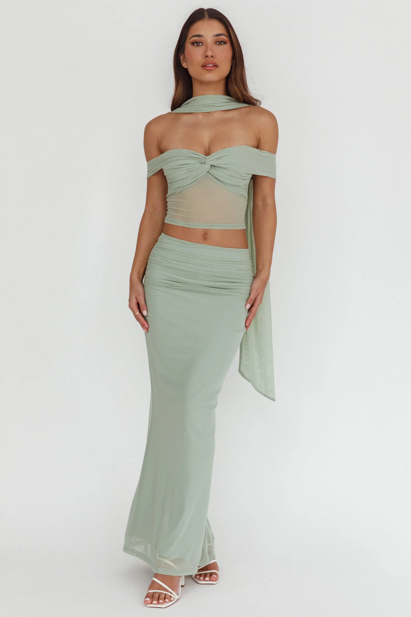 All The Lights Off-Shoulder Crop Top Sage - Image 2