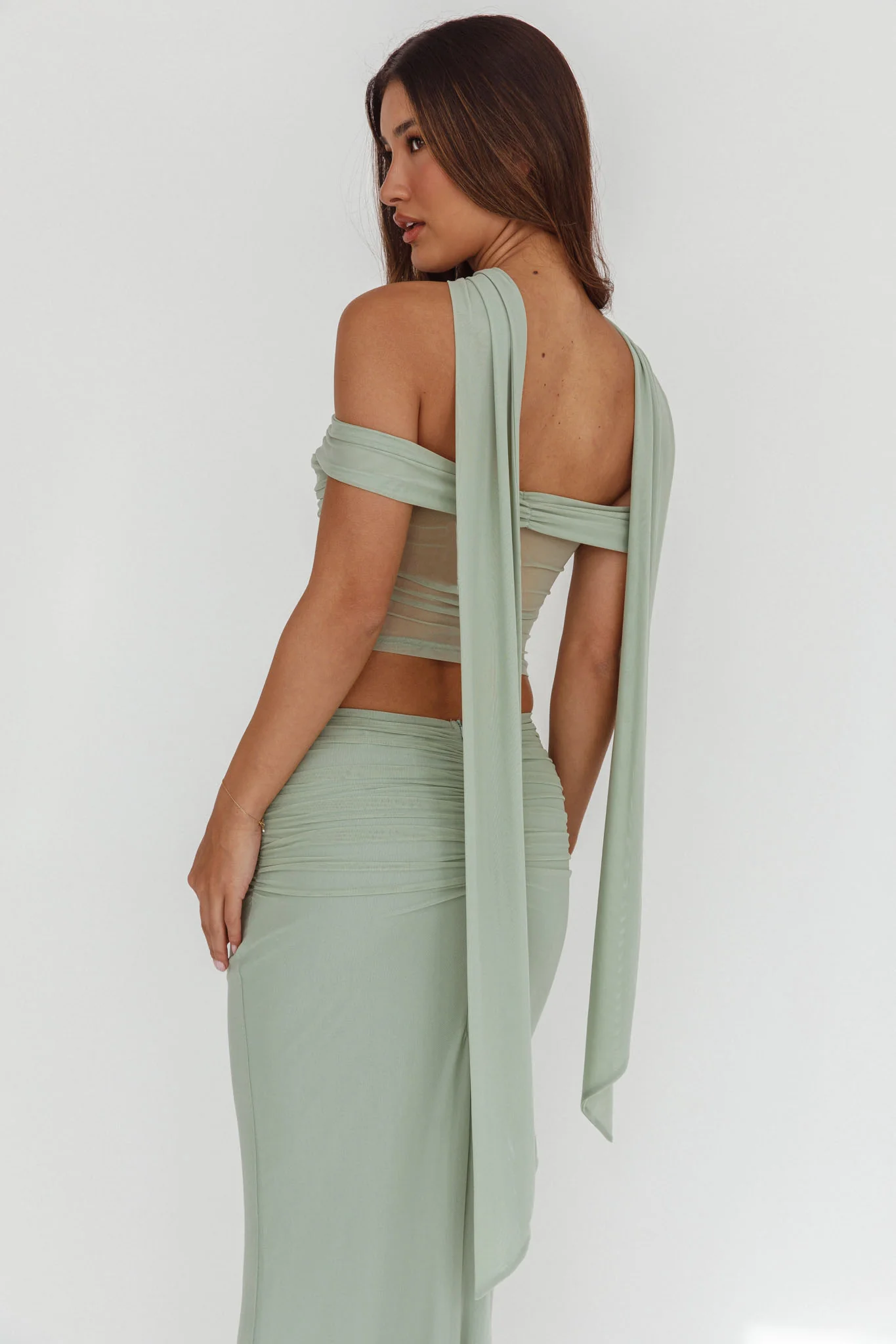 All The Lights Off-Shoulder Crop Top Sage - Image 3