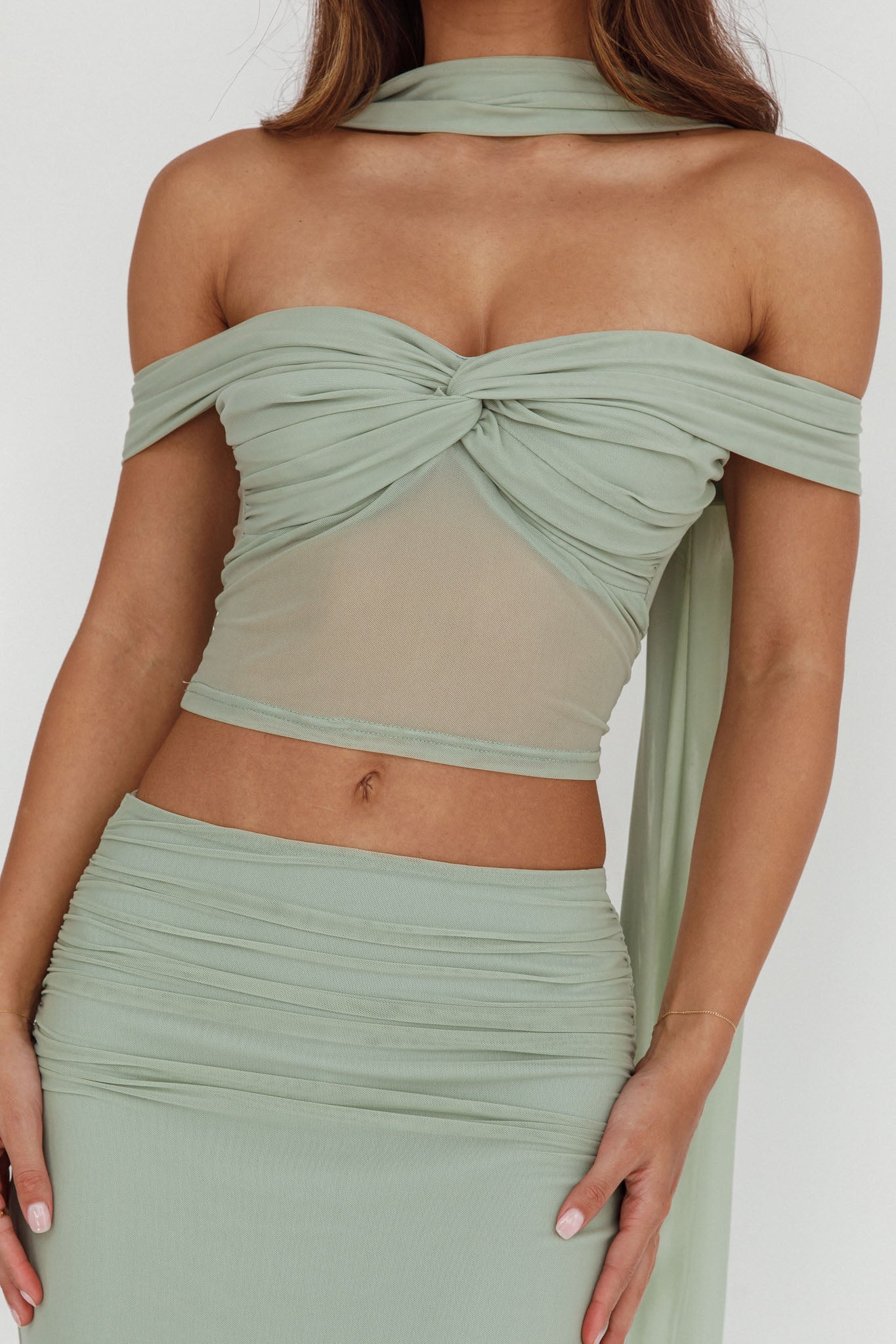 All The Lights Off-Shoulder Crop Top Sage - Image 4