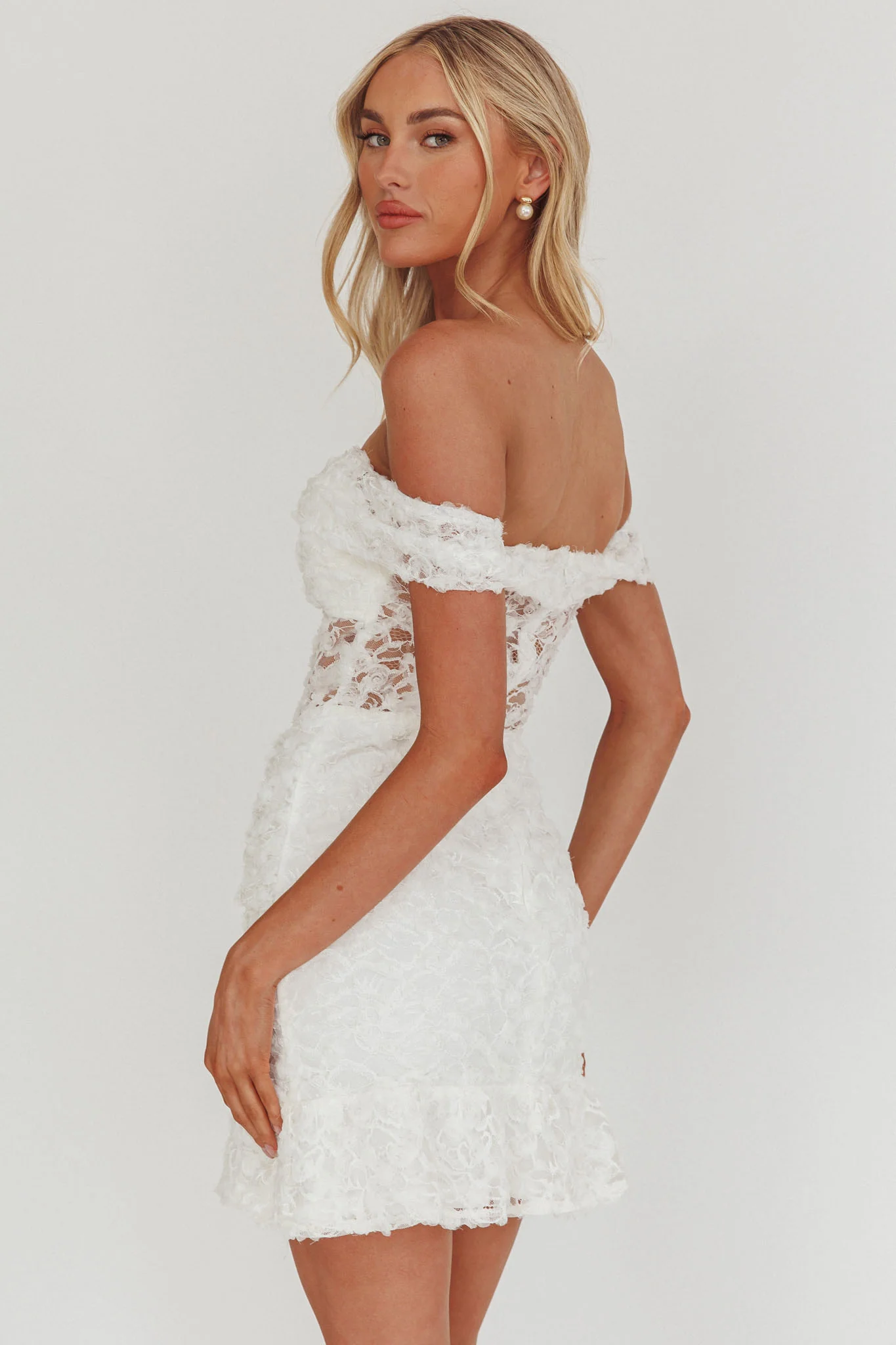 All The Lights Off-Shoulder Lace Mini Dress White - Image 2