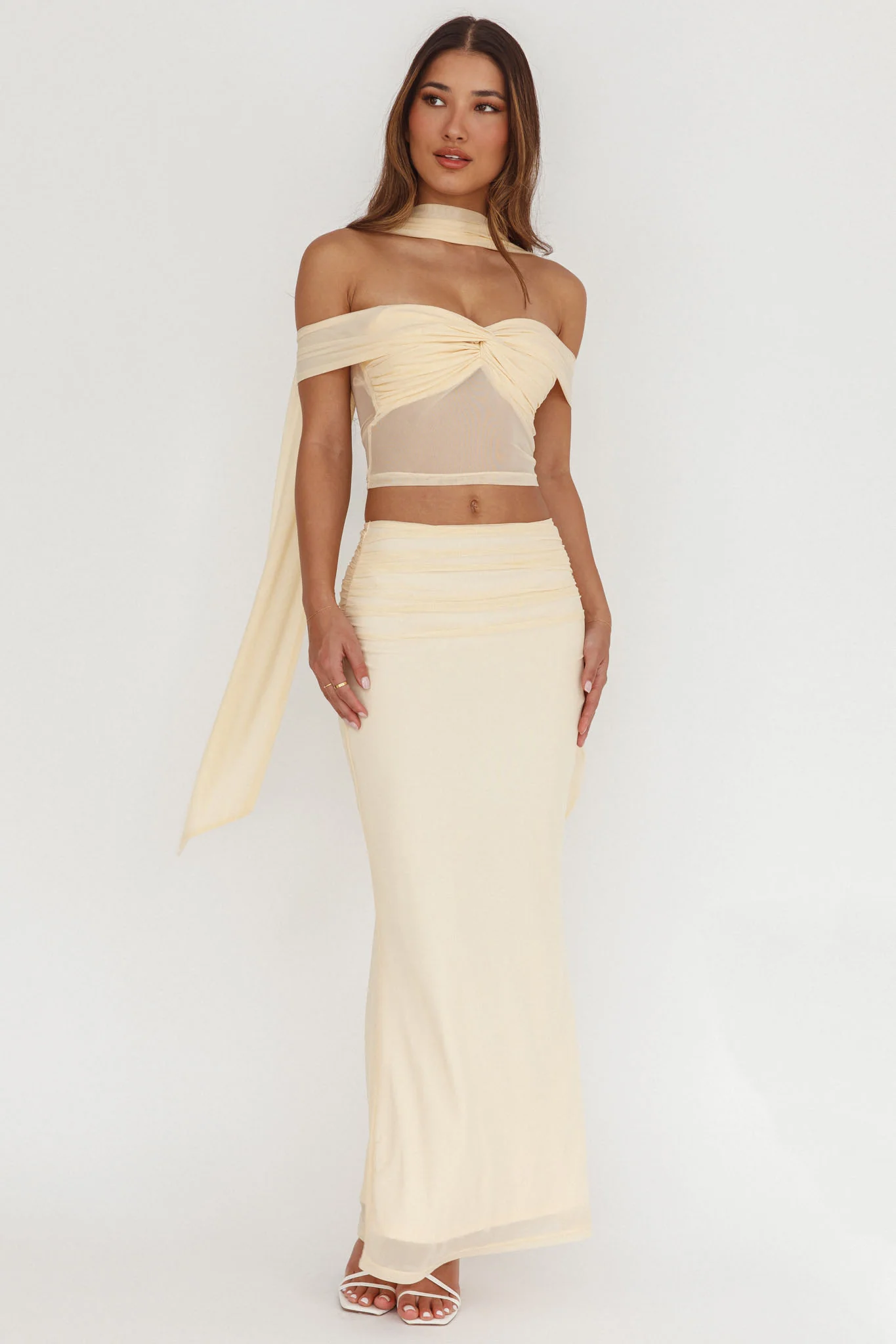 All The Lights Ruched Midi Skirt Cream - Image 4