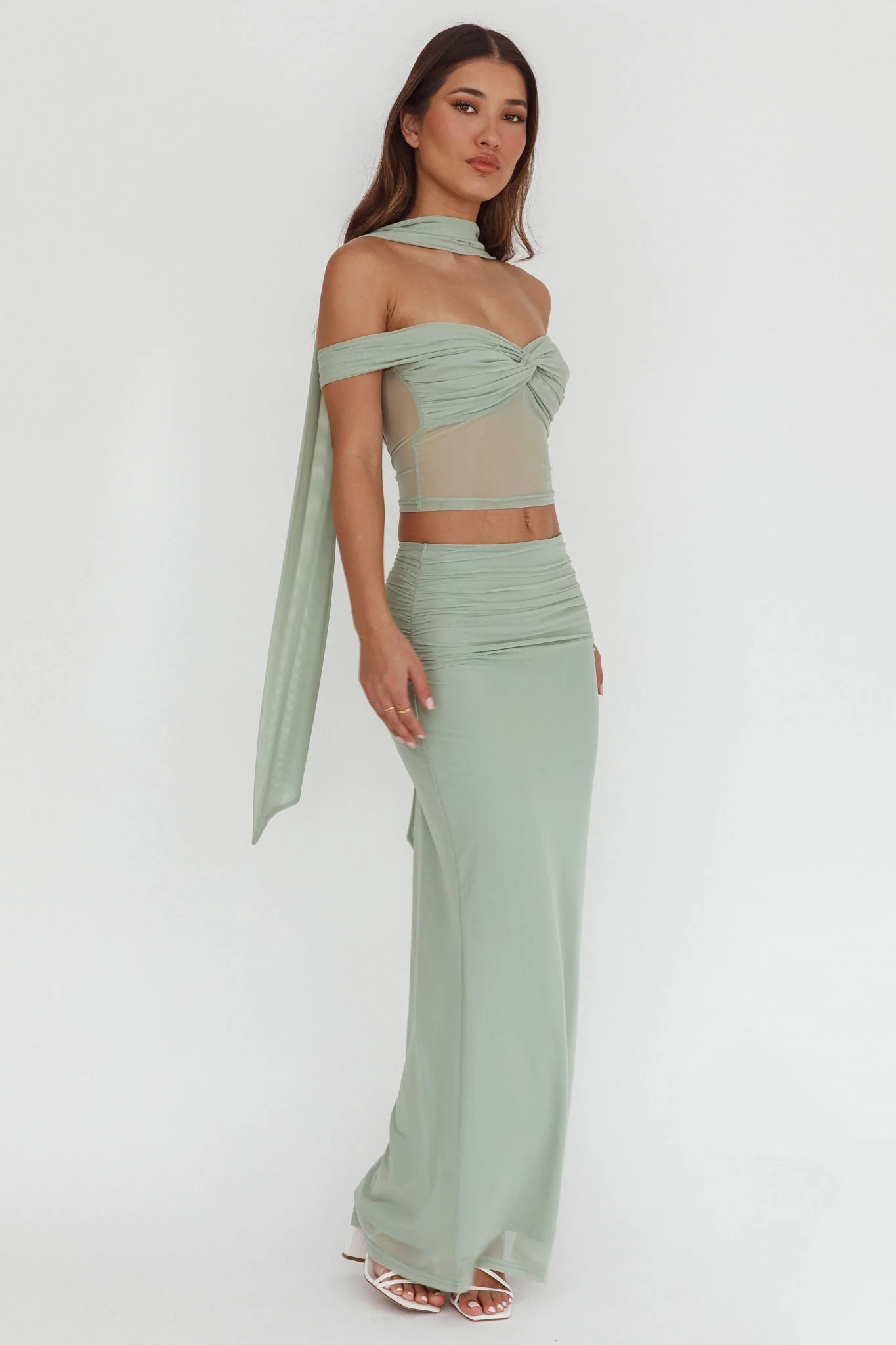 All The Lights Ruched Midi Skirt Sage - Image 4