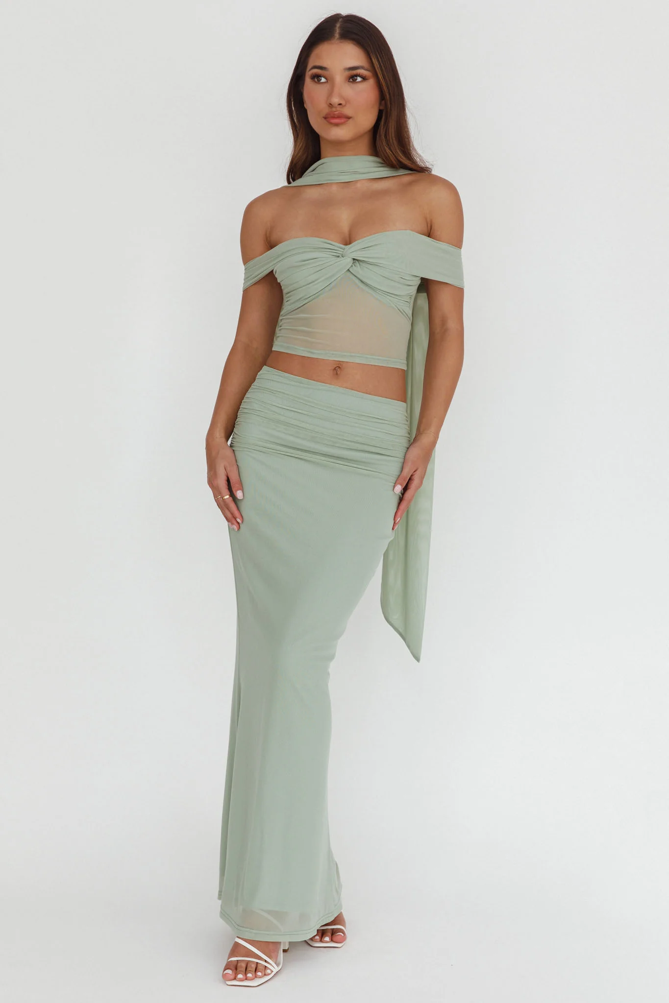 All The Lights Ruched Midi Skirt Sage - Image 5