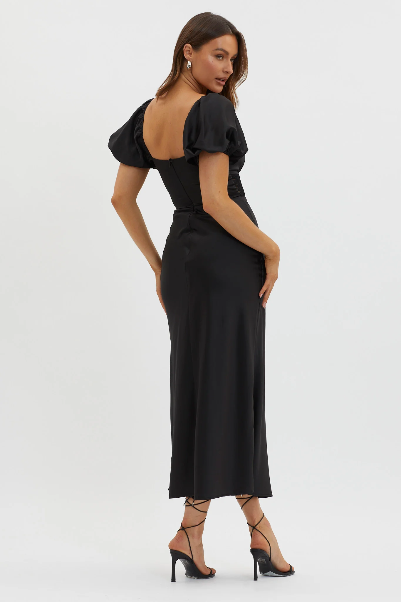 Allianna Puff Sleeve Lace Waist Midi Dress Black - Image 2
