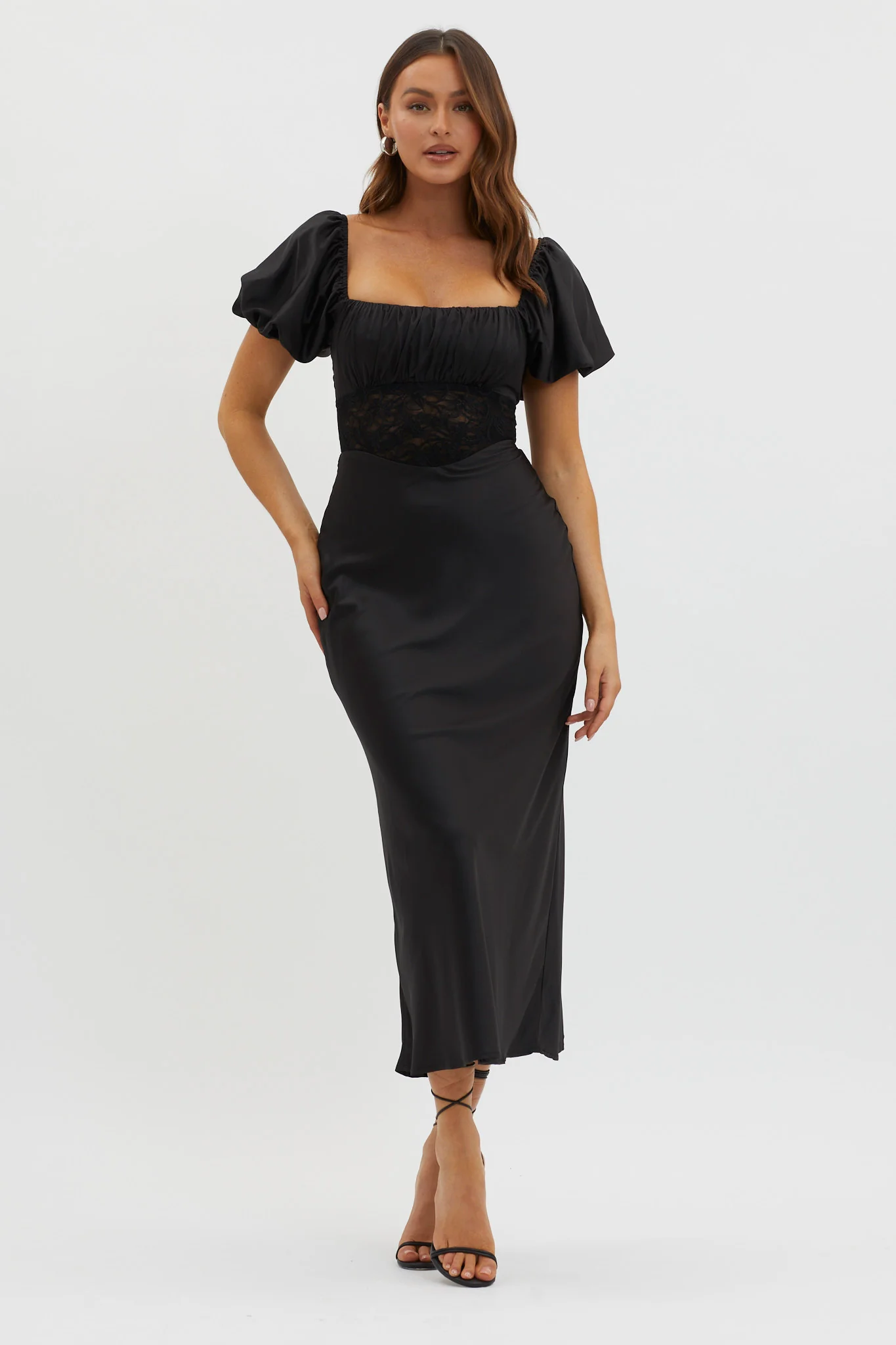 Allianna Puff Sleeve Lace Waist Midi Dress Black - Image 3