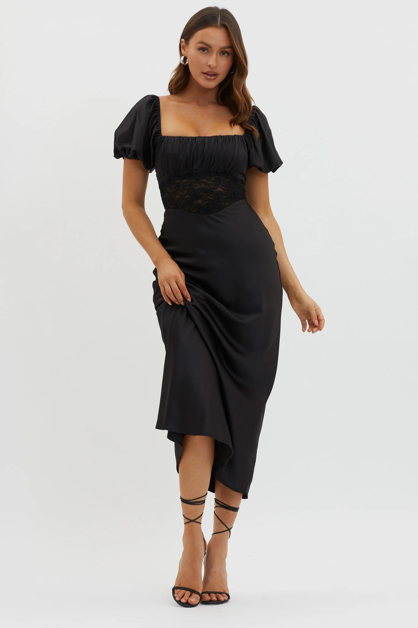 Allianna Puff Sleeve Lace Waist Midi Dress Black - Image 5