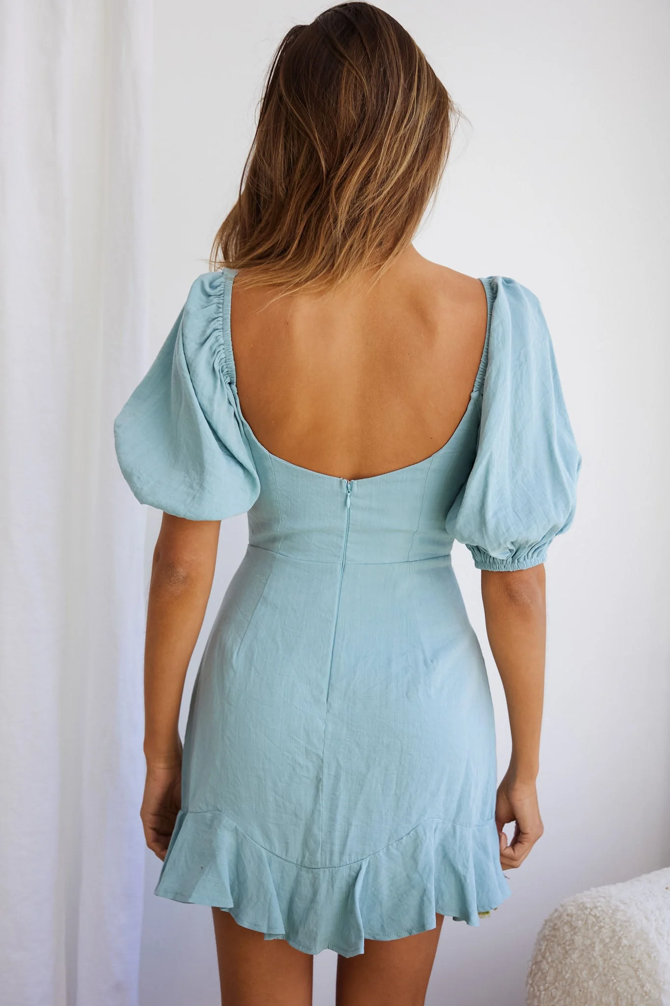 Alma Drawstring Circle Bust Puff Sleeve Mini Dress Sage - Image 2