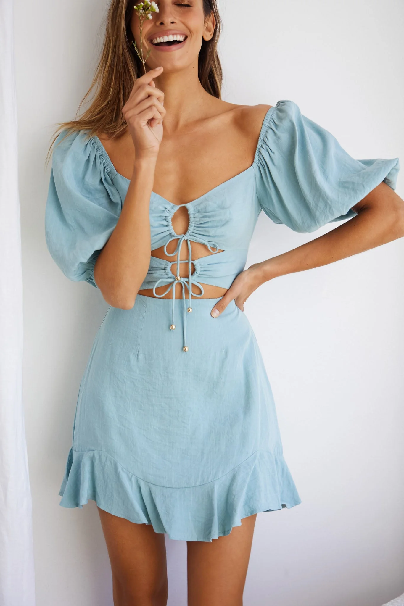 Alma Drawstring Circle Bust Puff Sleeve Mini Dress Sage - Image 4