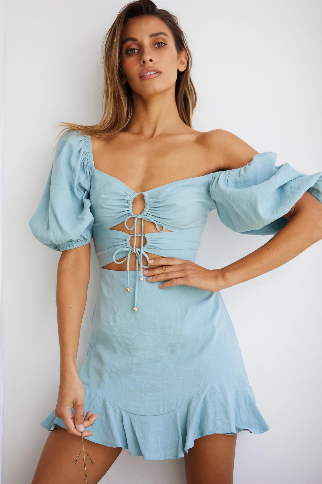 Alma Drawstring Circle Bust Puff Sleeve Mini Dress Sage - Image 5