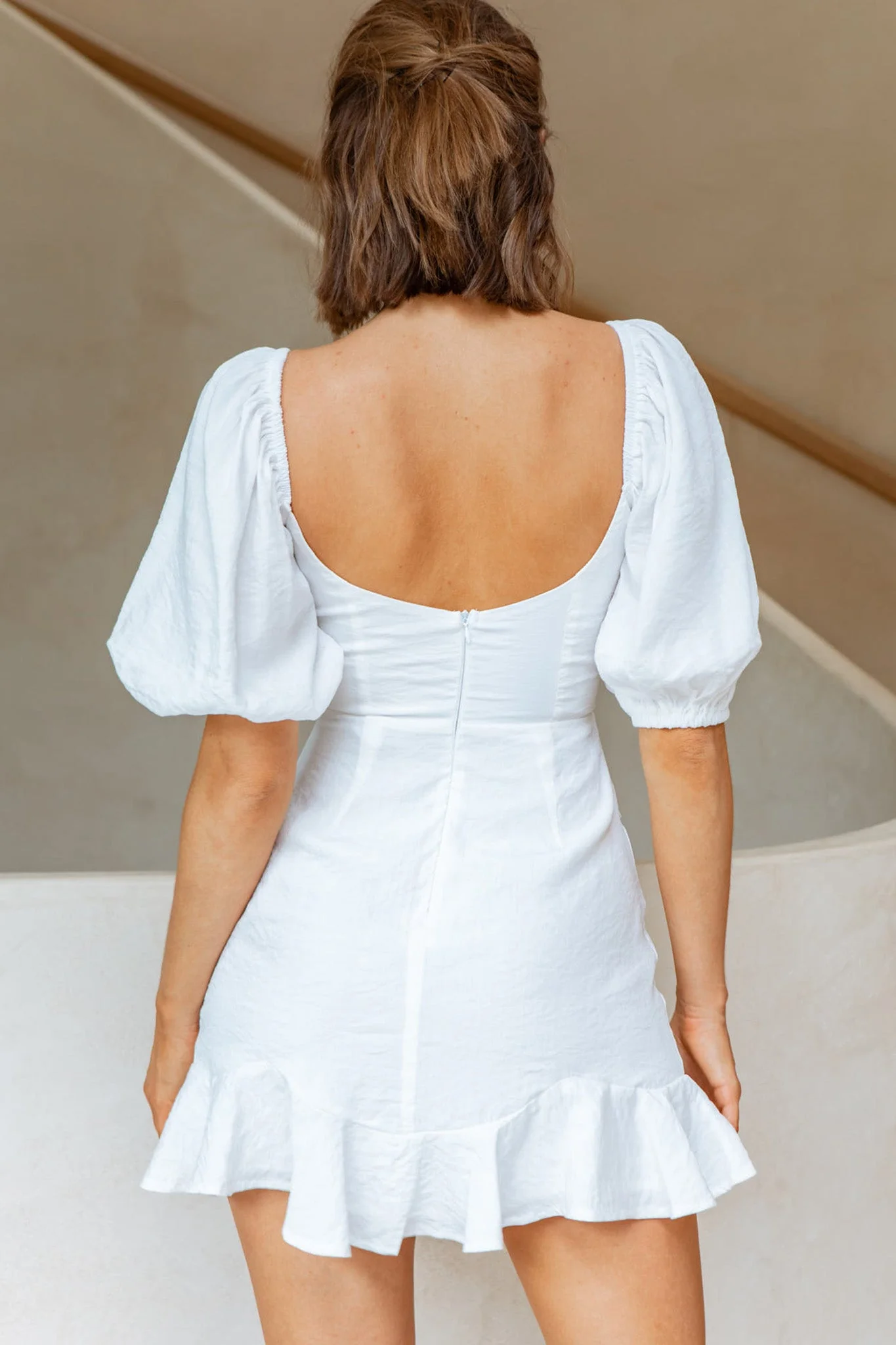 Alma Drawstring Circle Bust Puff Sleeve Mini Dress White - Image 2