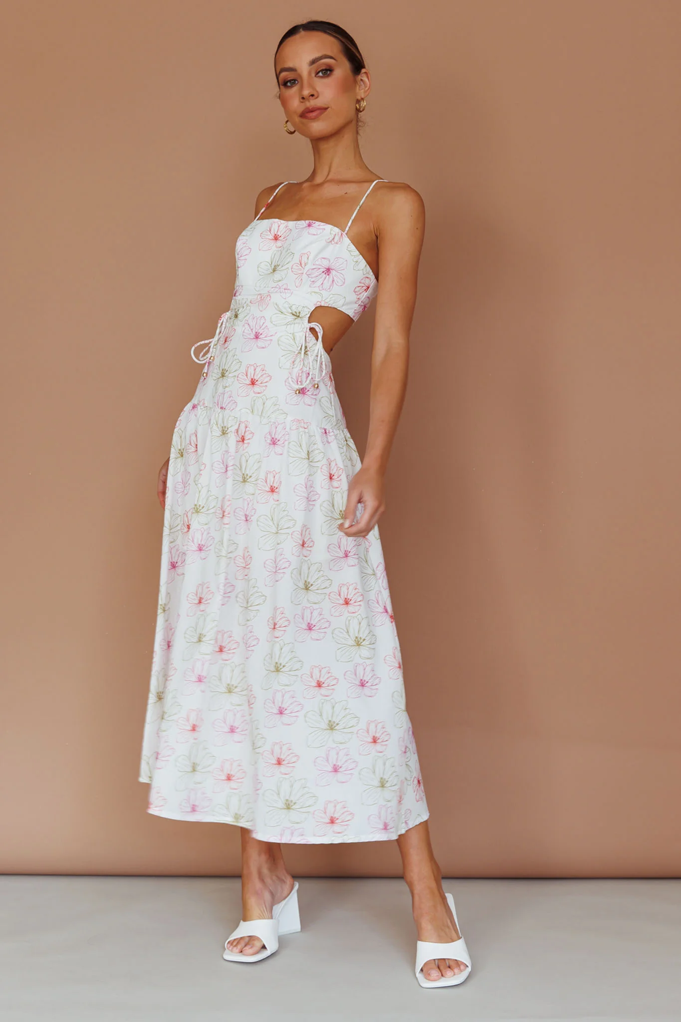 Aloha Cut-Out Waist Midi Dress Floral Pink - Image 3