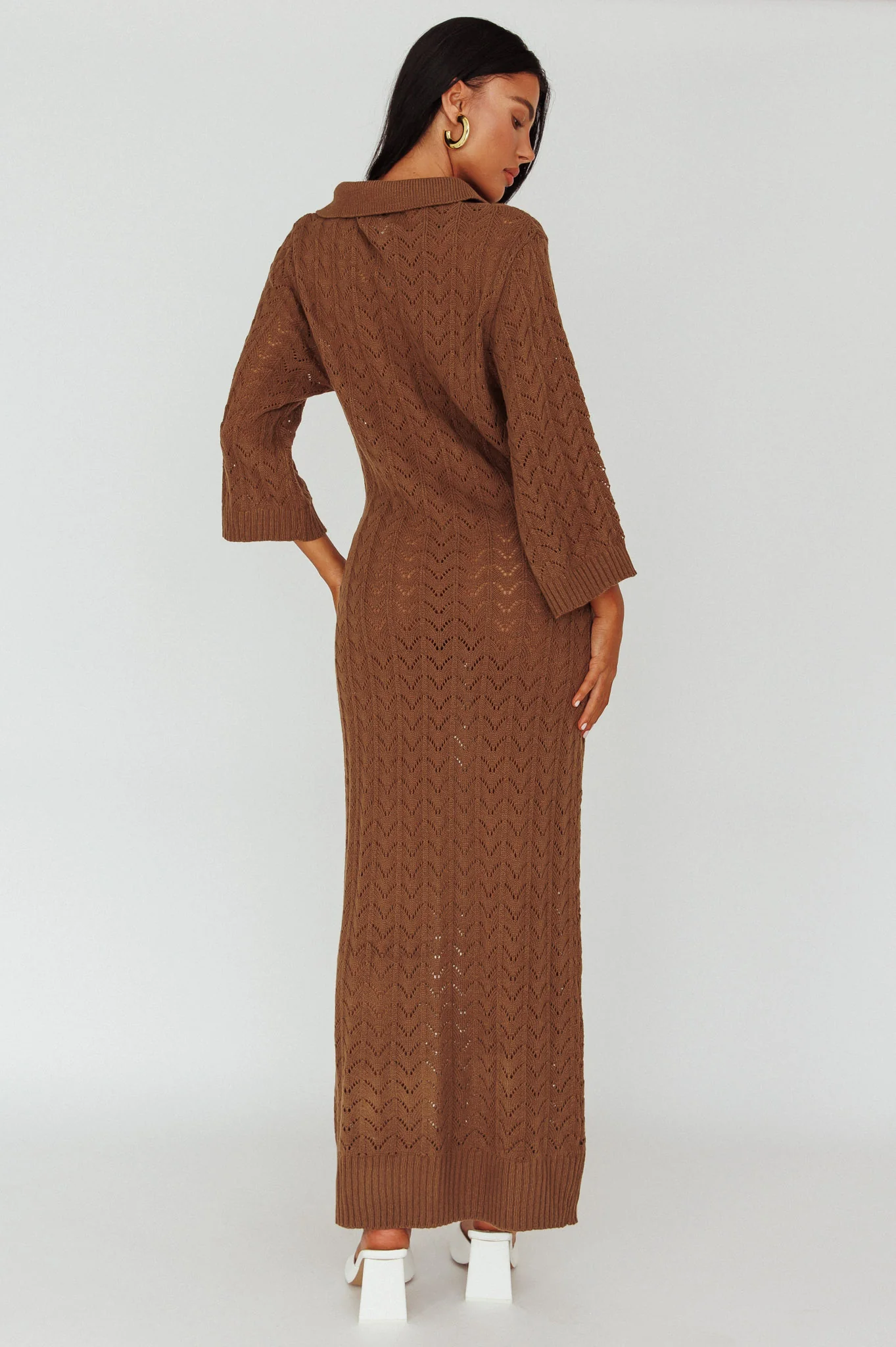 Alouette 3/4 Sleeve Crochet Midi Dress Cocoa - Image 2
