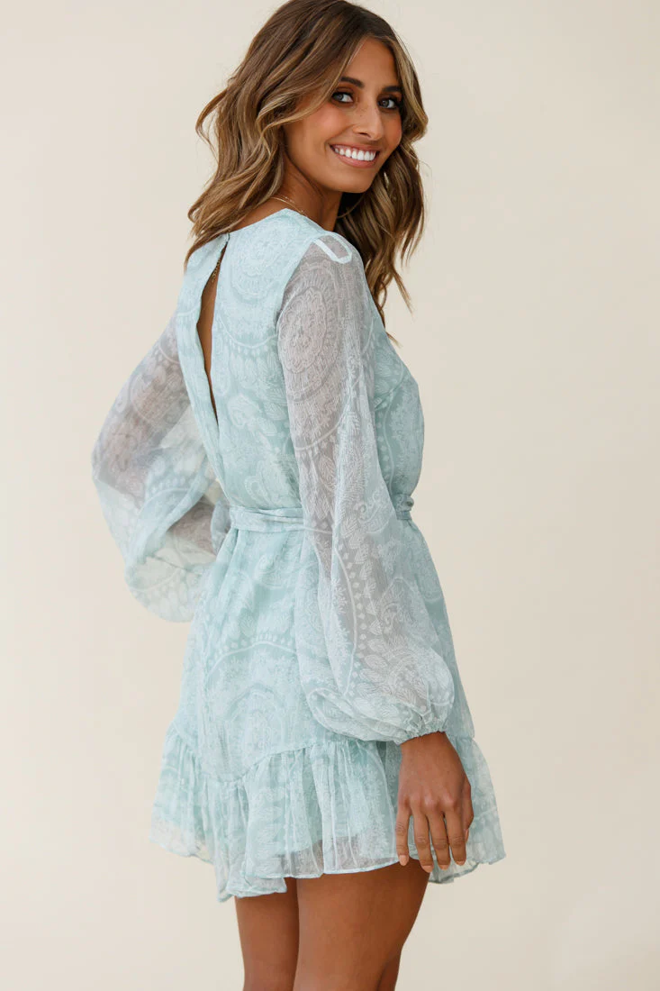 Always & Forever Long Balloon Sleeve Crew Neck Dress Paisley Print Mint - Image 3