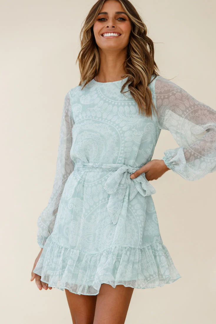 Always & Forever Long Balloon Sleeve Crew Neck Dress Paisley Print Mint - Image 7