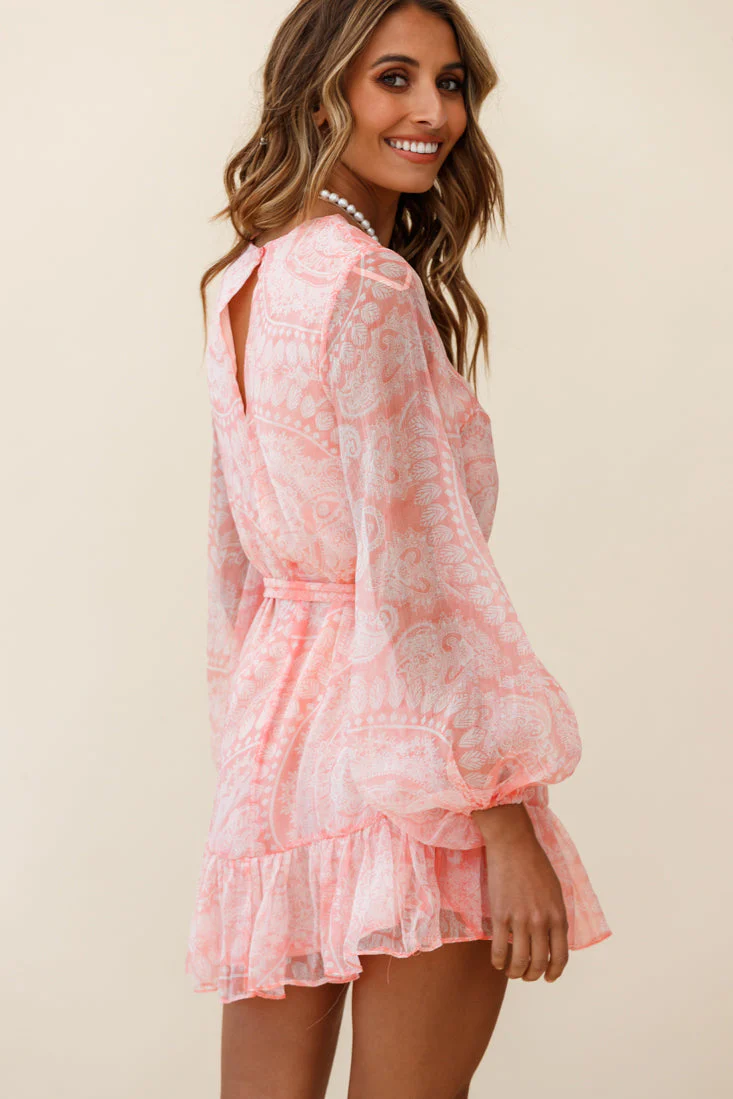 Always & Forever Long Balloon Sleeve Crew Neck Dress Paisley Print Peach - Image 3
