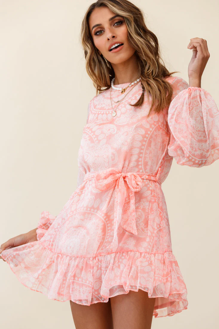 Always & Forever Long Balloon Sleeve Crew Neck Dress Paisley Print Peach - Image 4