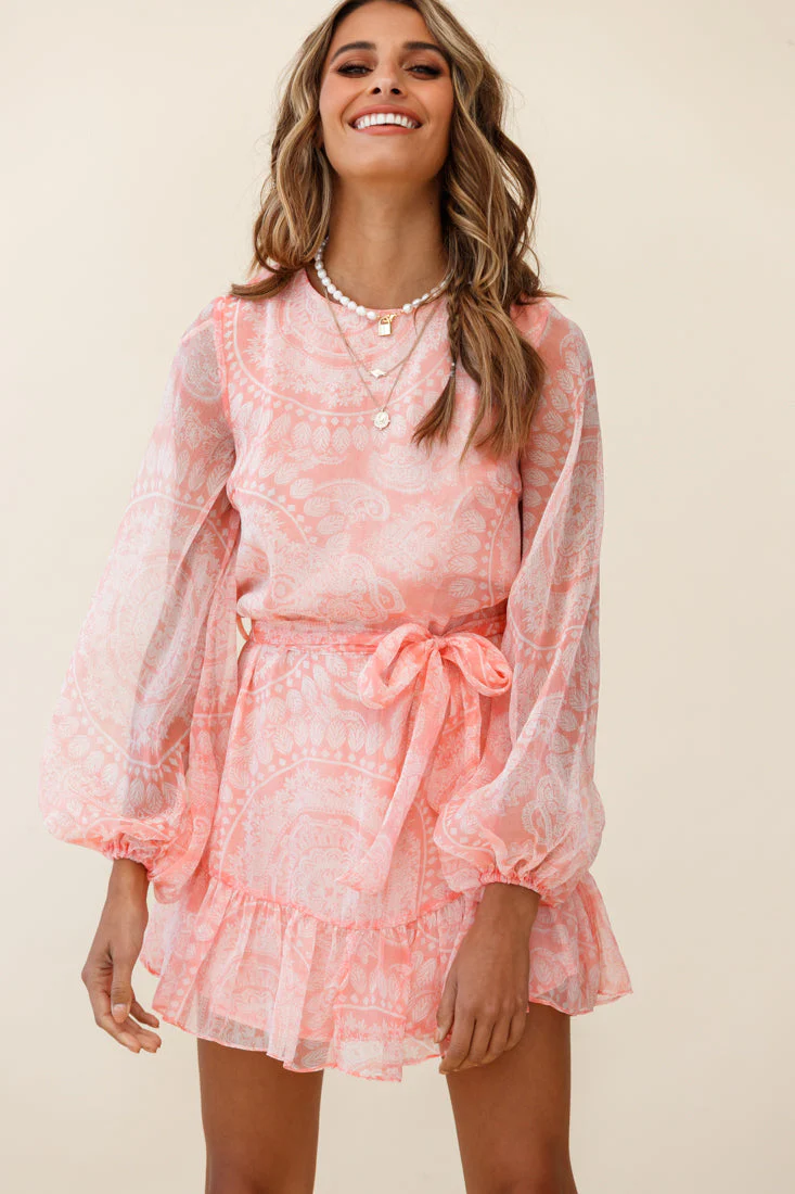 Always & Forever Long Balloon Sleeve Crew Neck Dress Paisley Print Peach - Image 6
