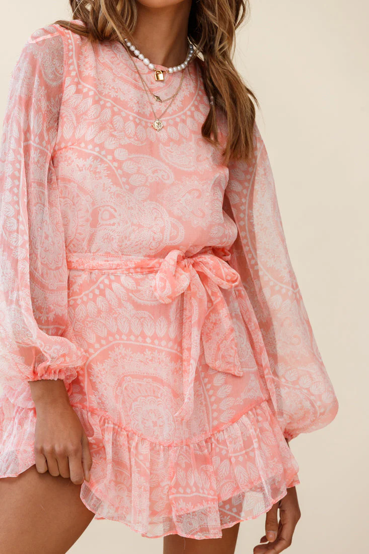 Always & Forever Long Balloon Sleeve Crew Neck Dress Paisley Print Peach - Image 7