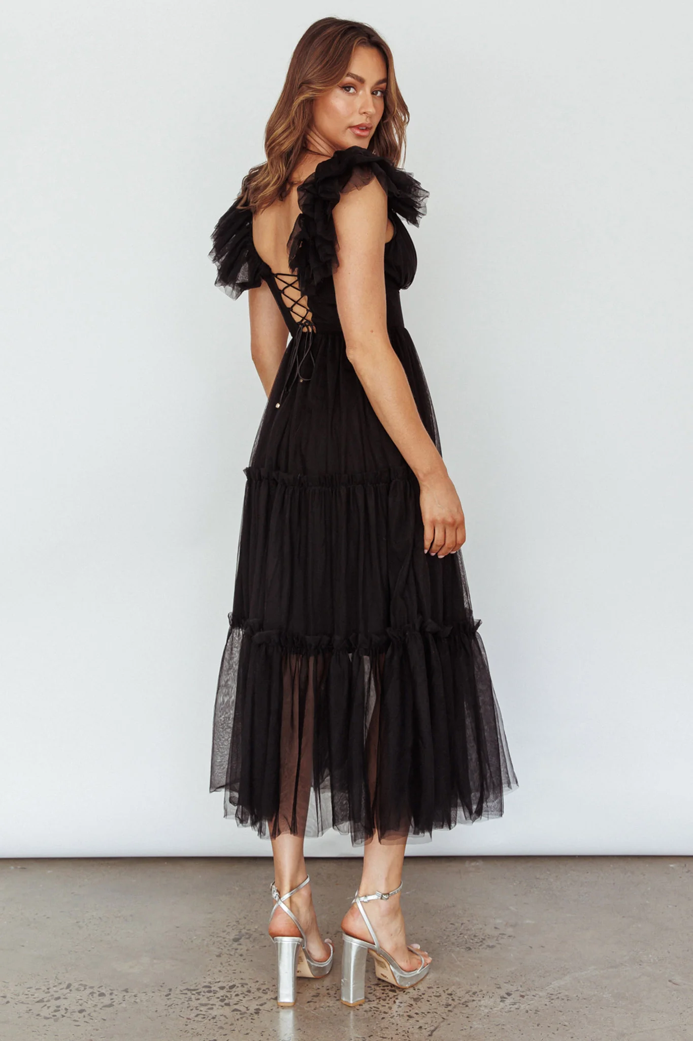 Amal Ruffle Shoulder Tulle Midi Dress Black - Image 2