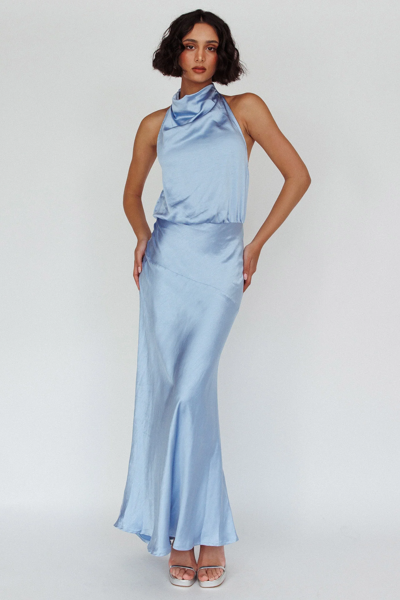 Amalfi Sunset Cowl Halterneck Maxi Dress Sky - Image 3
