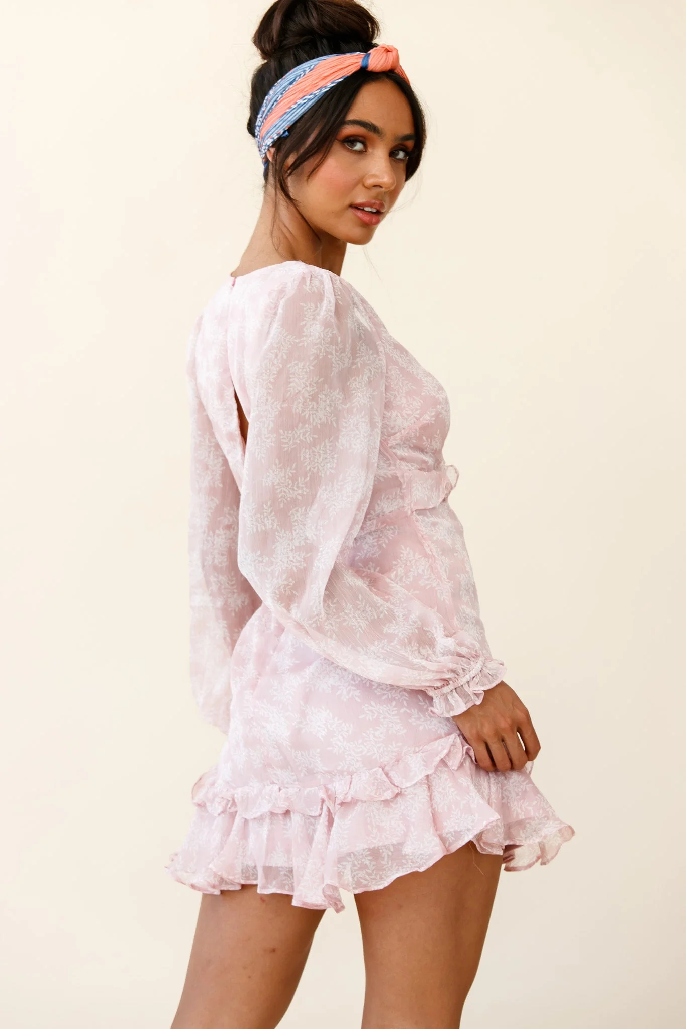 Amarantha Sheer Balloon Sleeve Frill Trim Dress Floral Print Pink - Image 3