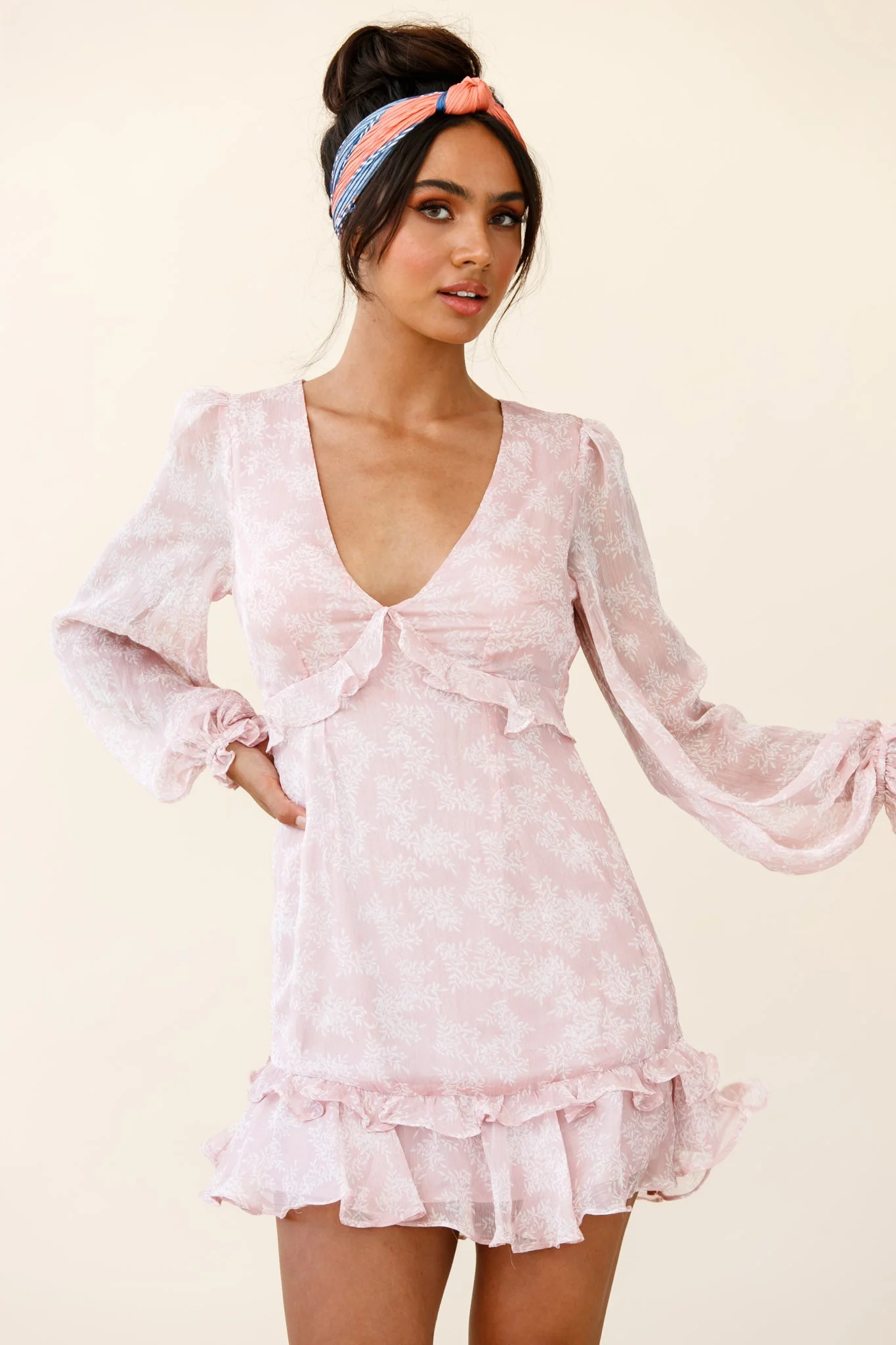 Amarantha Sheer Balloon Sleeve Frill Trim Dress Floral Print Pink - Image 5