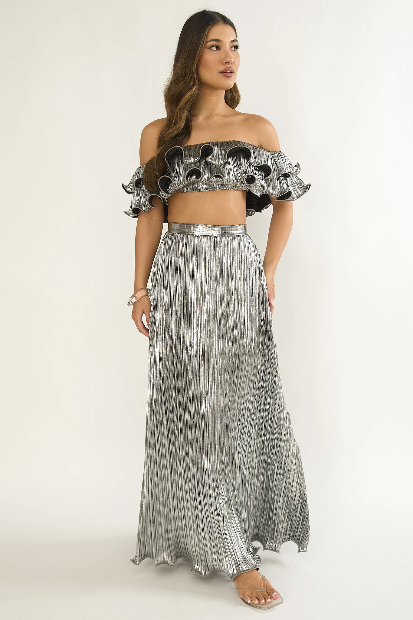 Amaria Lettuce Edge Maxi Skirt Silver