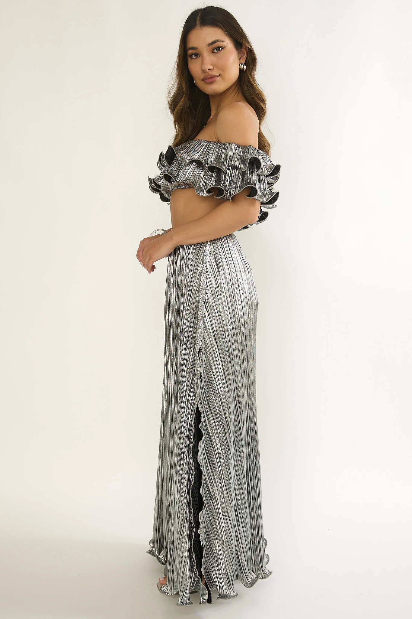 Amaria Lettuce Edge Maxi Skirt Silver - Image 7