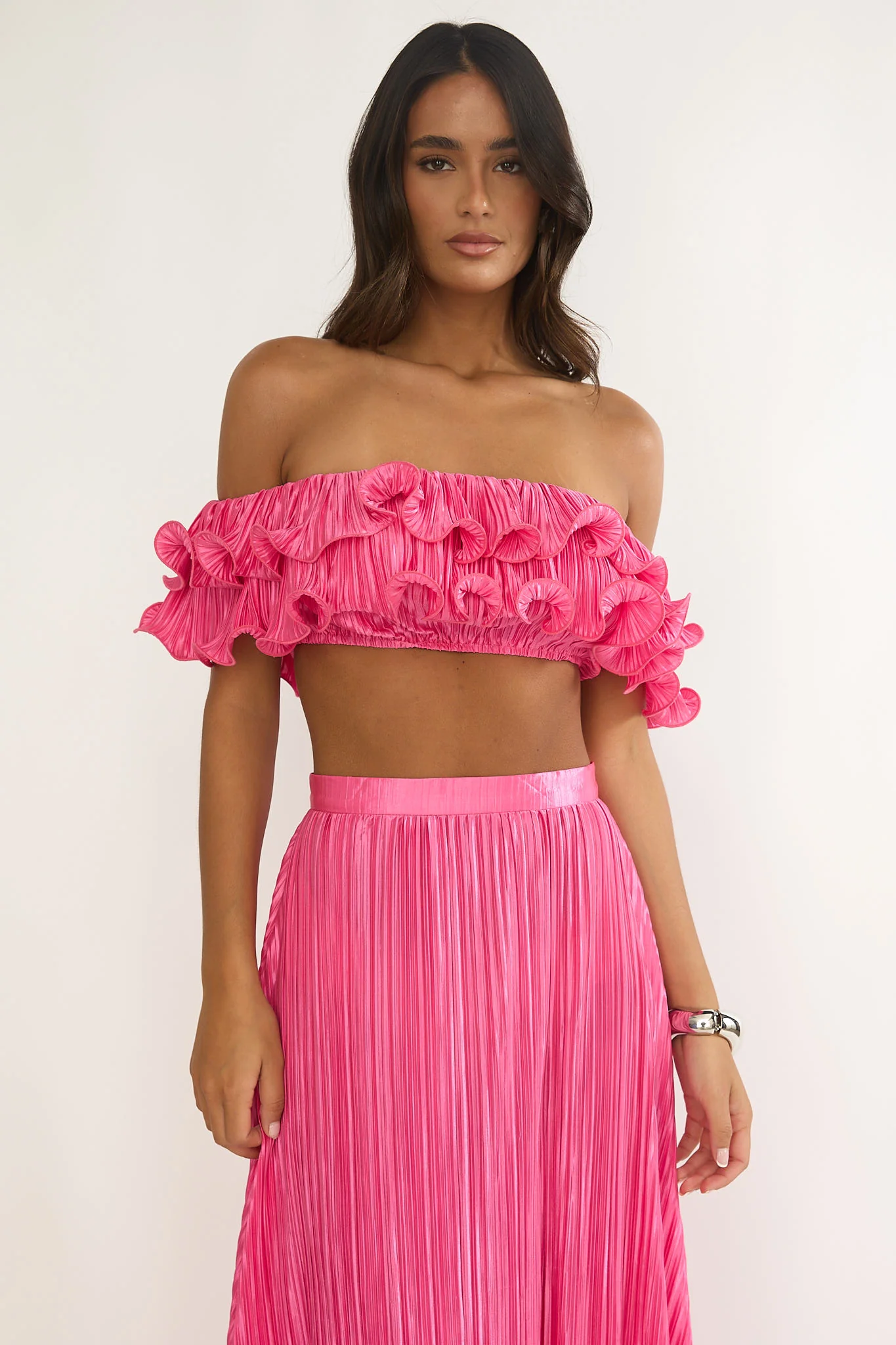 Amaria Off-Shoulder Lettuce Edge Crop Top Hot Pink - Image 6