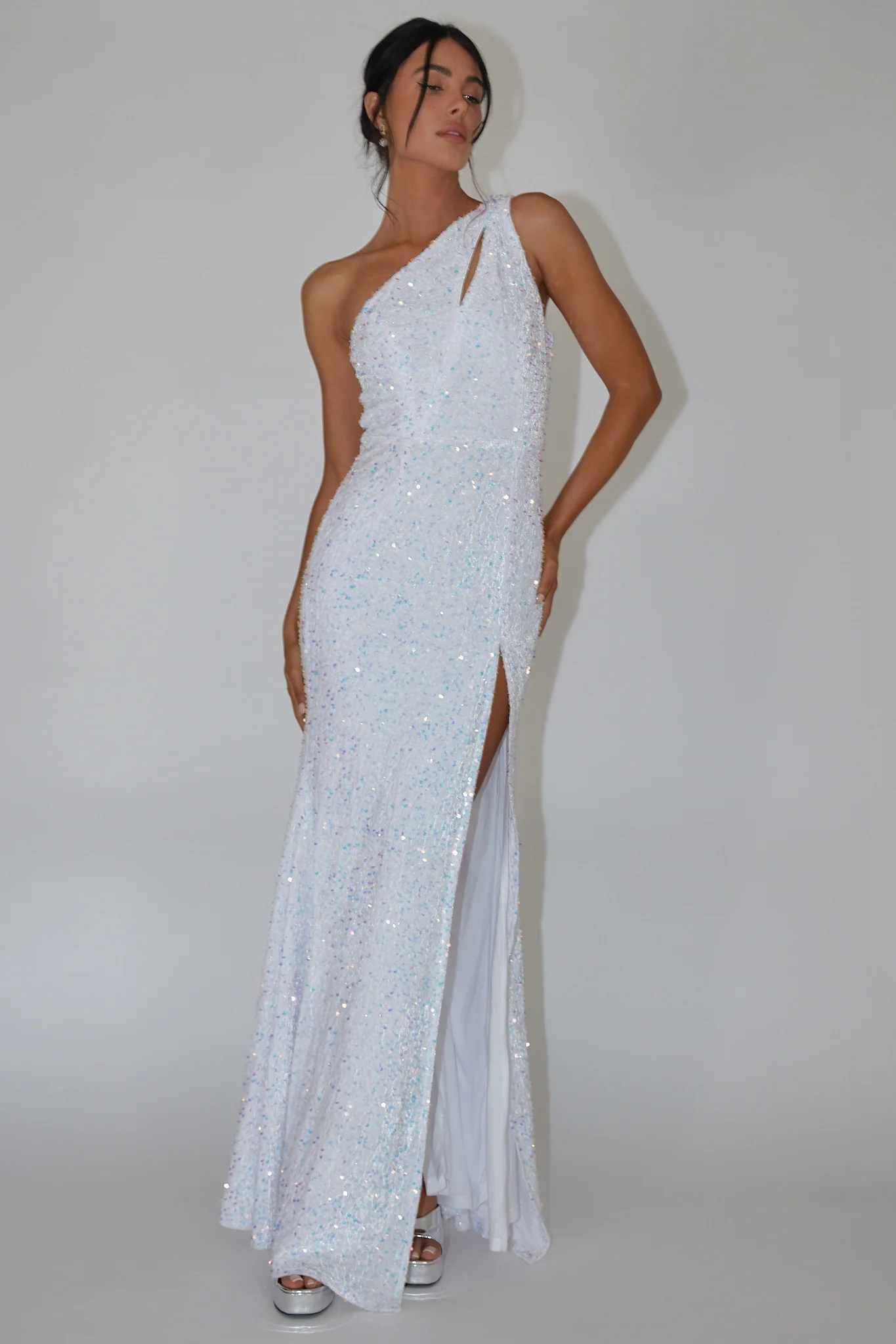 Ambrely One-Shoulder Sequin Maxi Dress White - Image 5