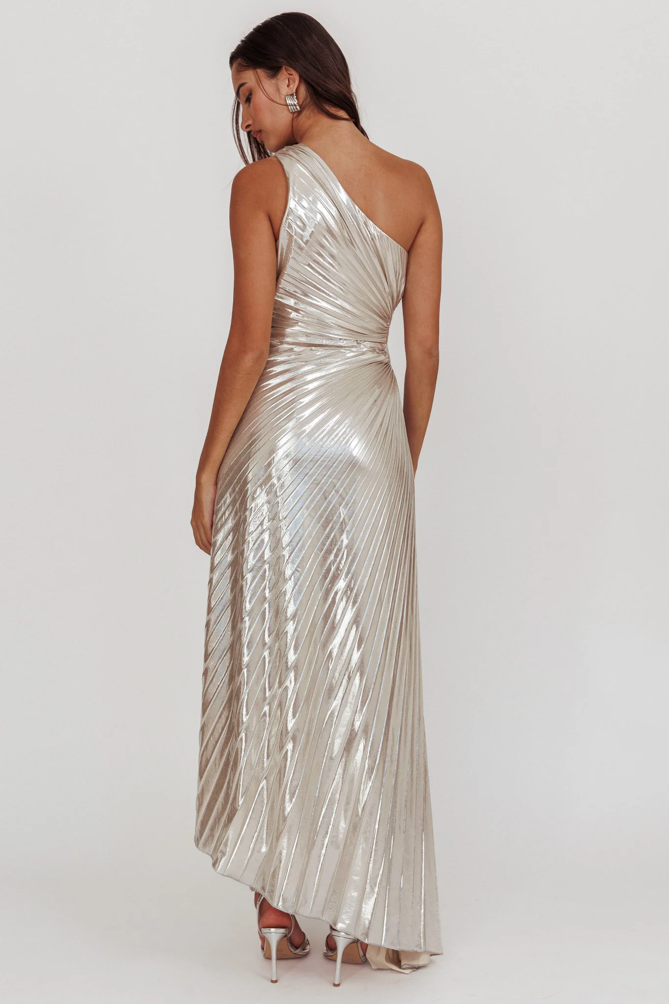 Amelie One-Shoulder Accordion Pleat Maxi Dress Champagne - Image 2
