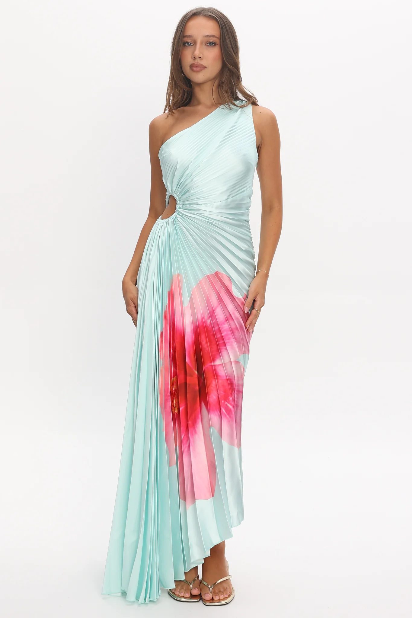 Amelie One-Shoulder Accordion Pleat Maxi Dress Hibiscus Mint - Image 5