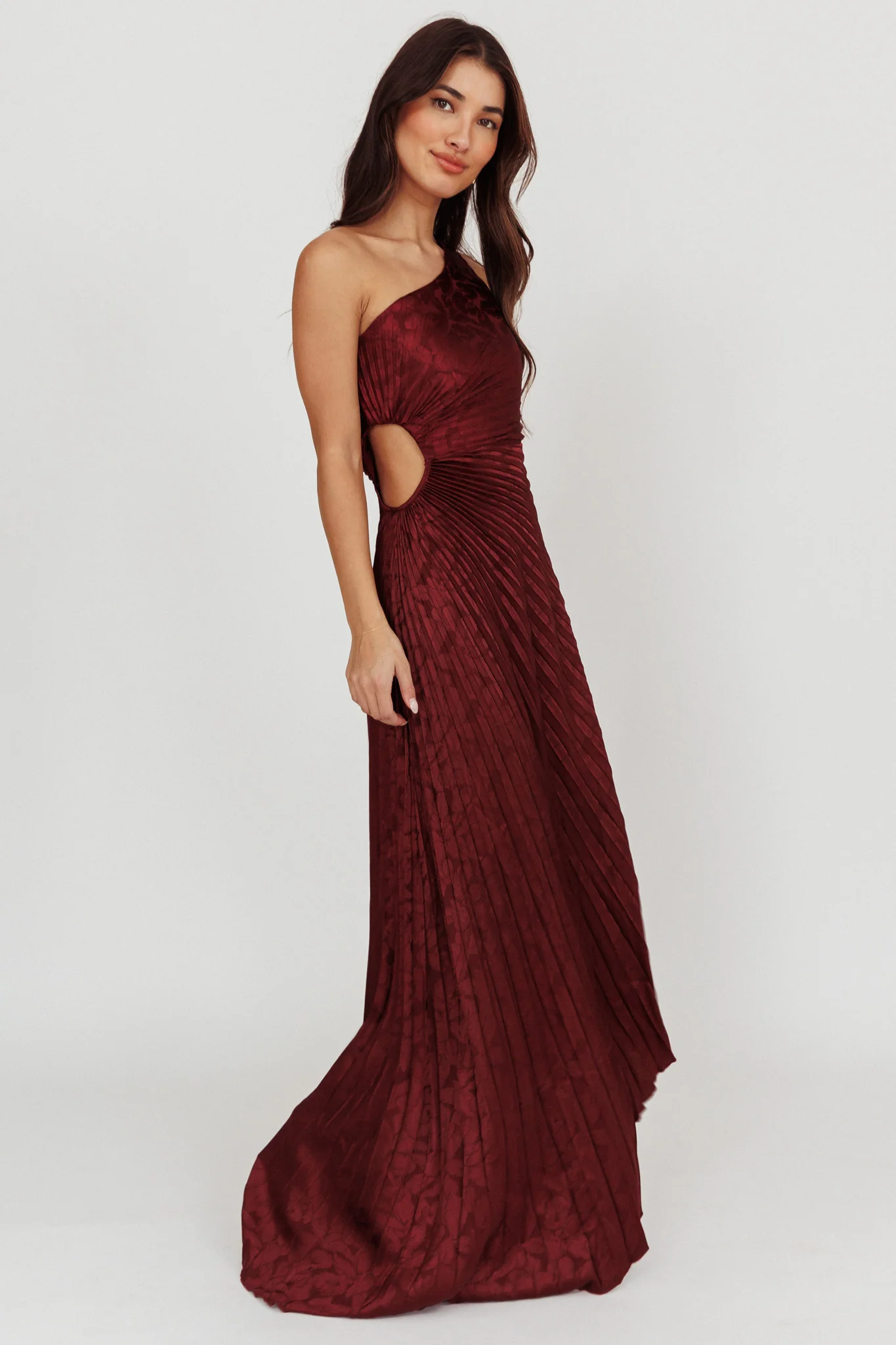 Amelie One-Shoulder Accordion Pleat Maxi Dress Merlot - Image 3