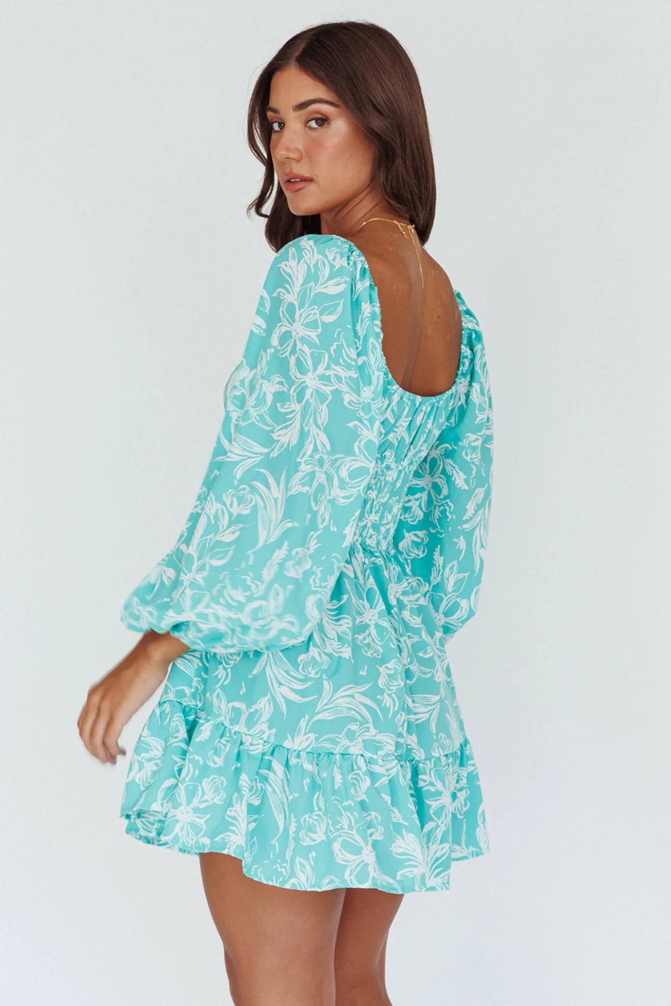 Amilie Shirred Long Sleeve Dress Floral Green - Image 2