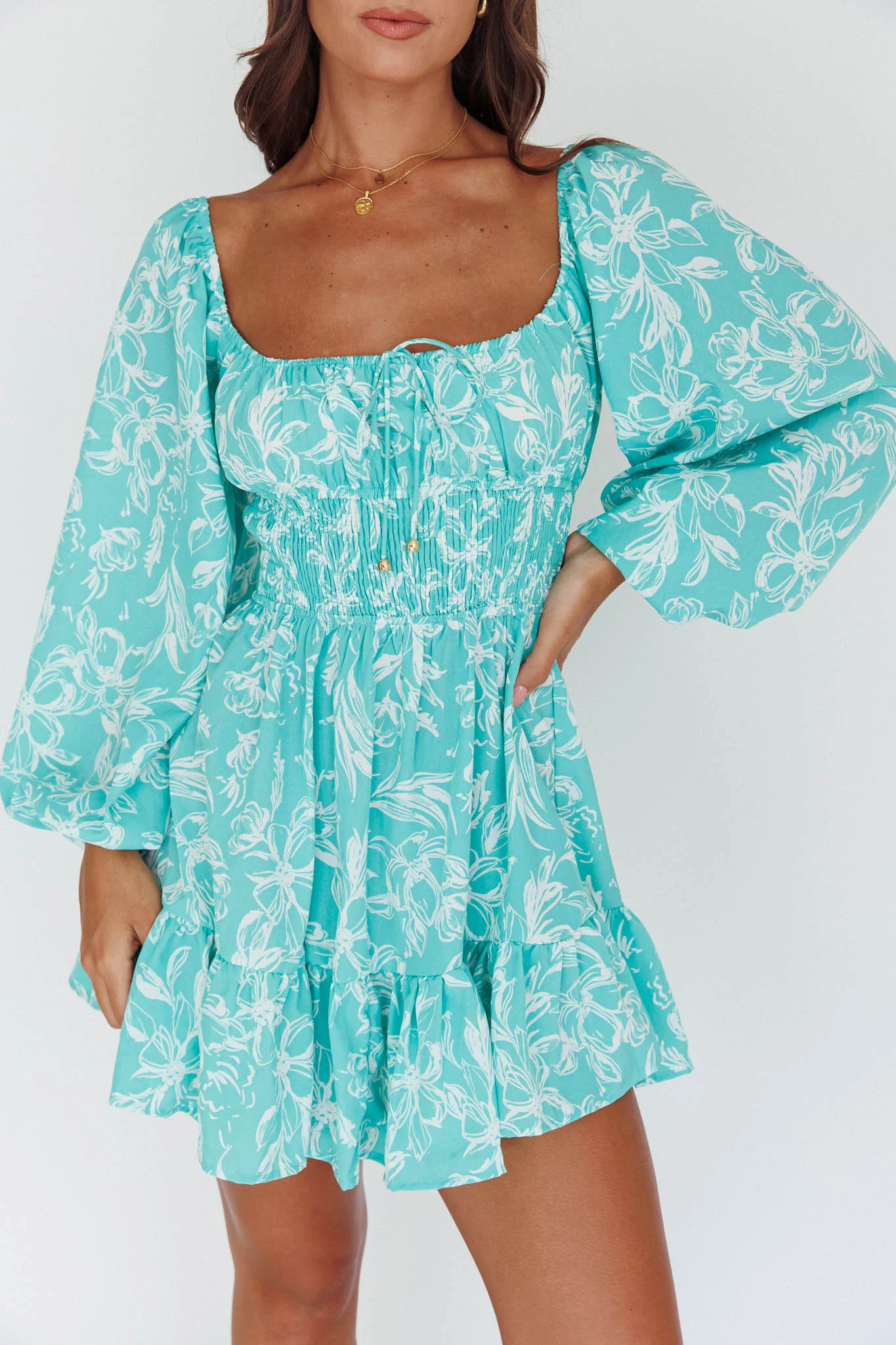 Amilie Shirred Long Sleeve Dress Floral Green - Image 4