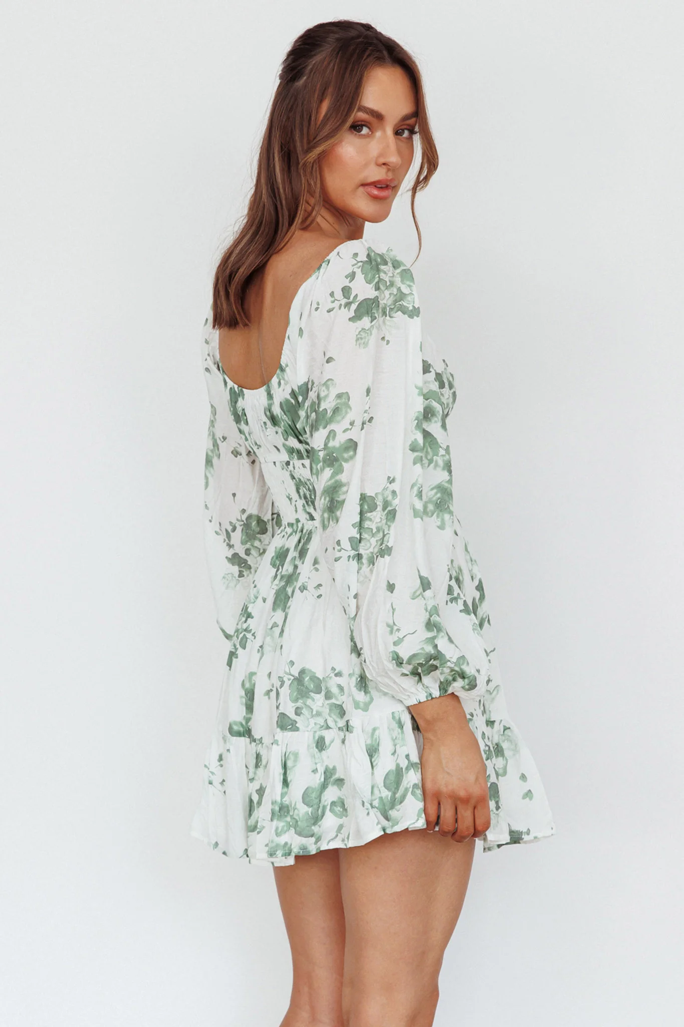 Amilie Shirred Long Sleeve Dress Floral White/Olive - Image 3