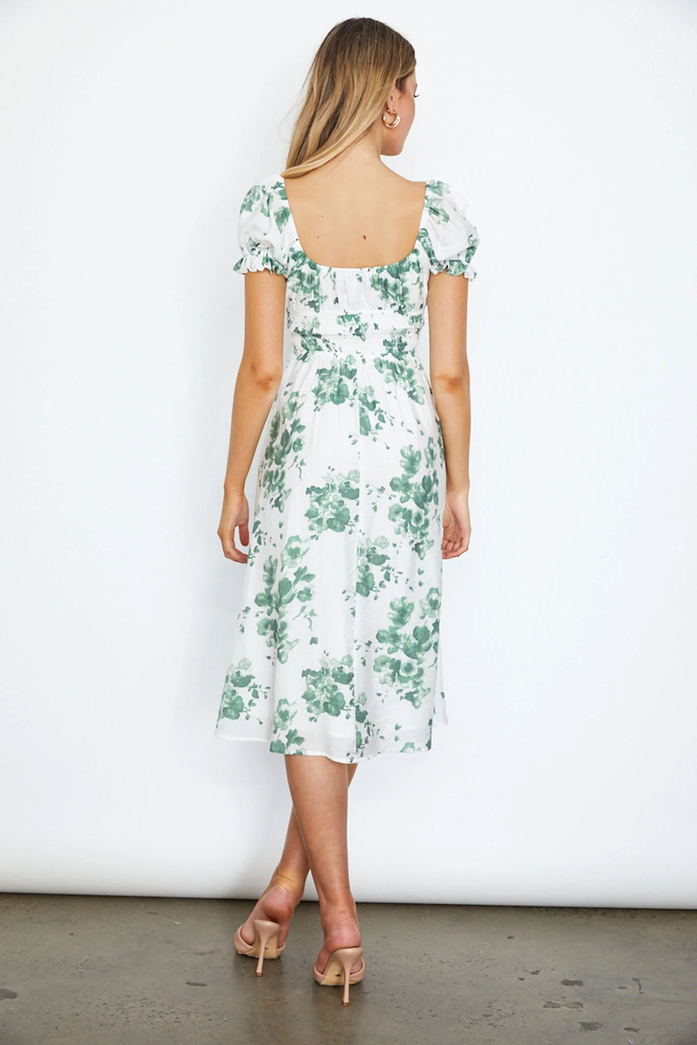 Amilie Shirred Waist Midi Dress Floral Print White/Olive - Image 2